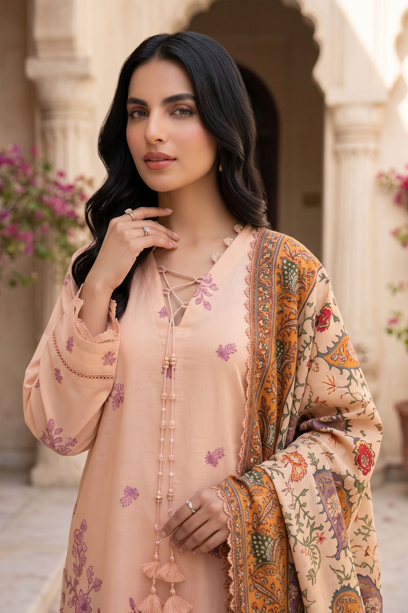 Unstitched Premium Printed 3-Piece Linen Pink Sand Suit Main image