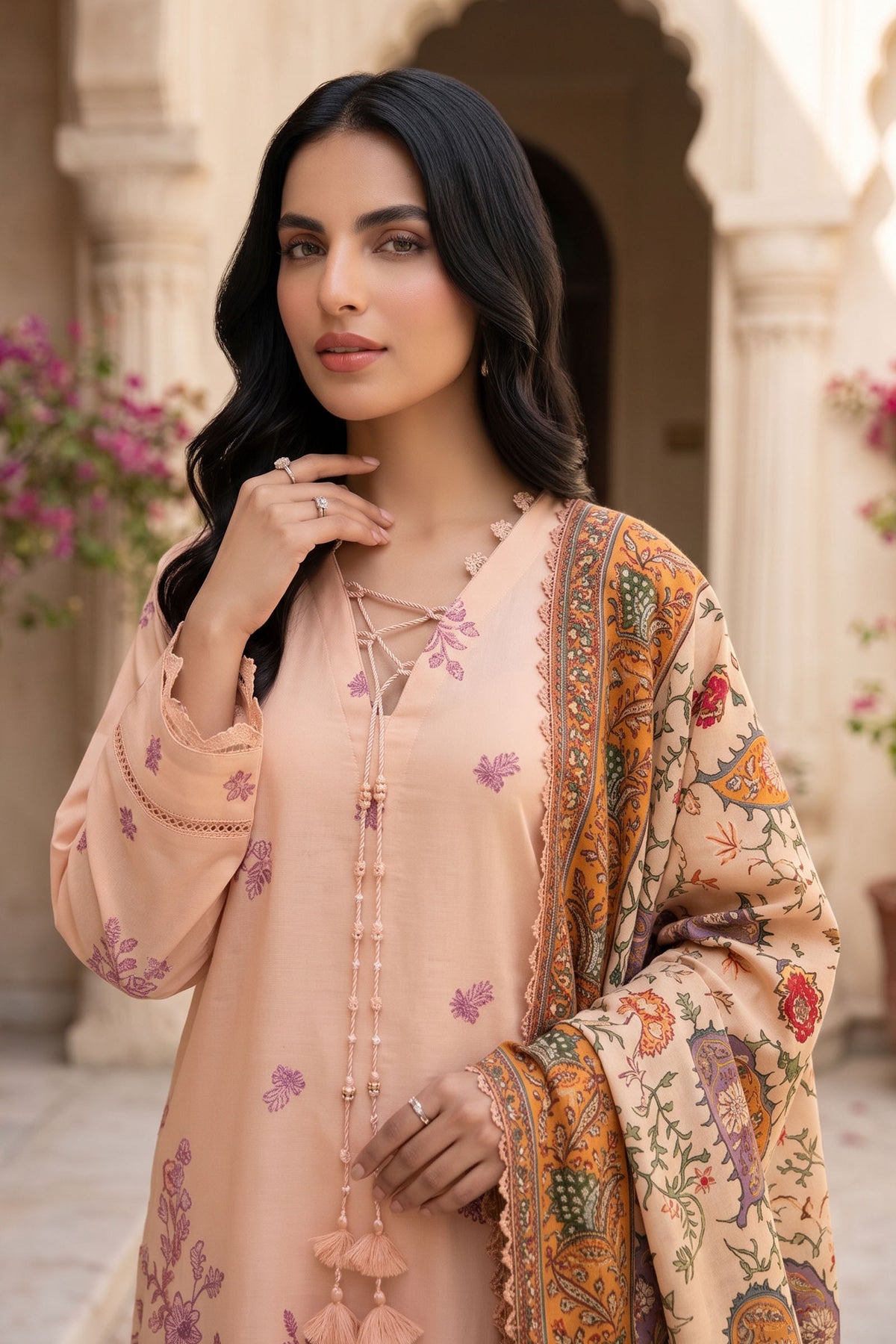 Unstitched Premium Printed 3-Piece Pink Sand Suit