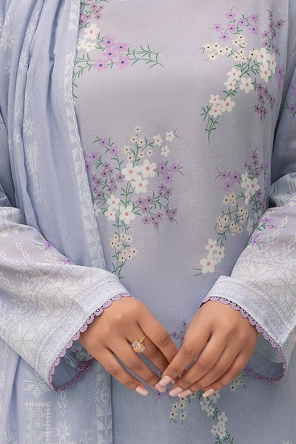 3 Piece Unstitched Lavender Gray Premium Printed Lawn