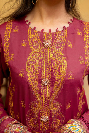 3 Piece Maroon Unstitched Embroidered Lawn - SafaNoor
