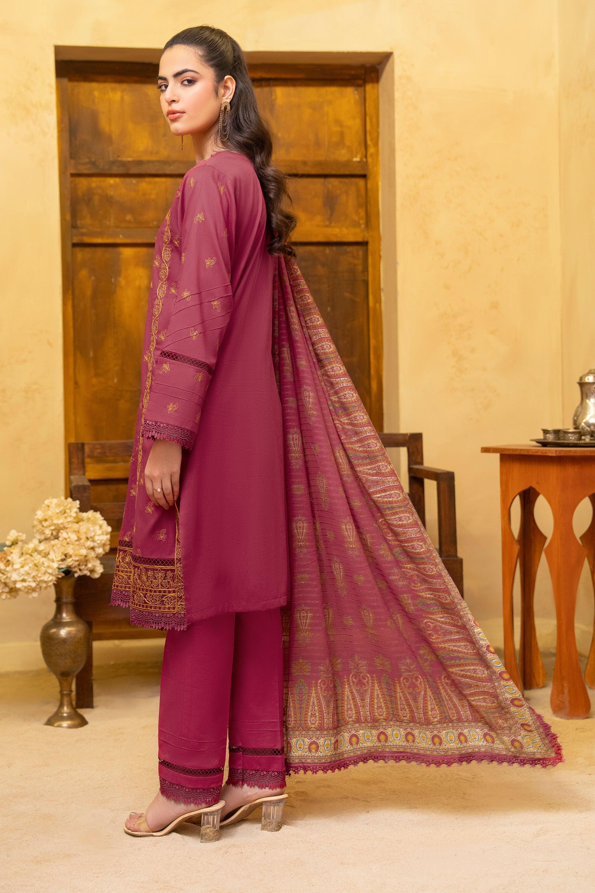 3 Piece Maroon Unstitched Embroidered Lawn - SafaNoor