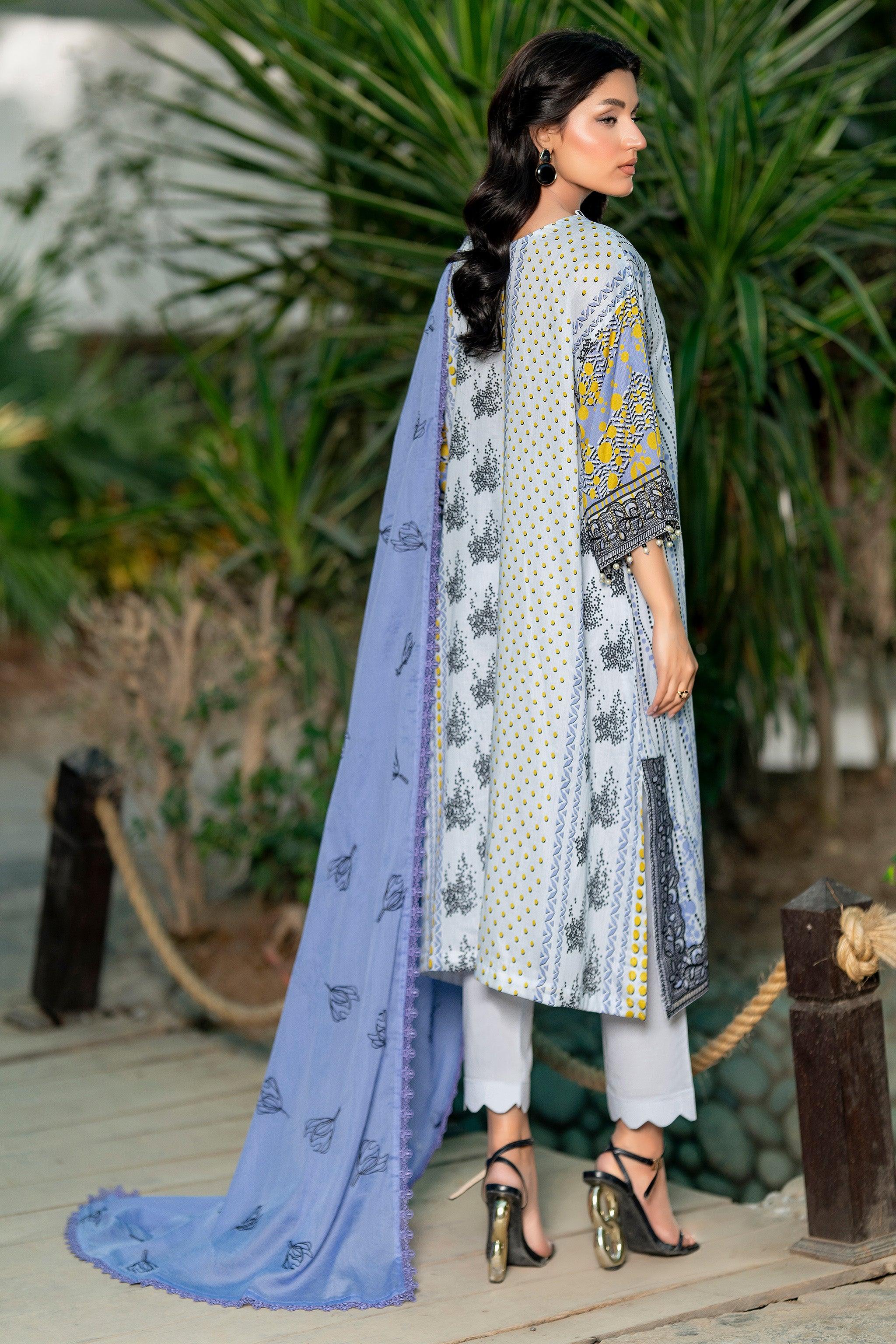 3 Piece Unstitched Ice Blue Embroidered Lawn - SafaNoor