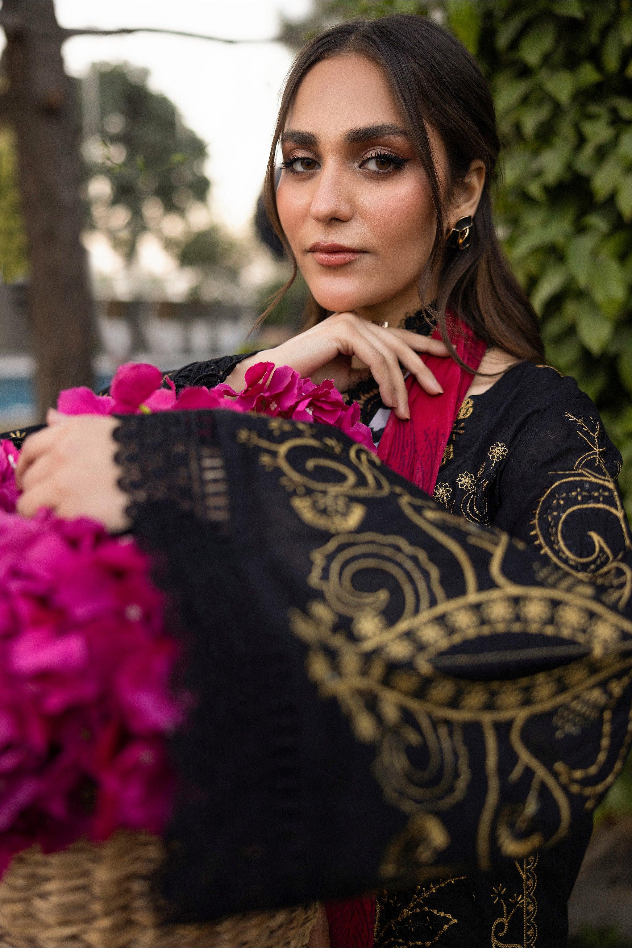 3 Piece Black Unstitched Embroidered Lawn - SafaNoor