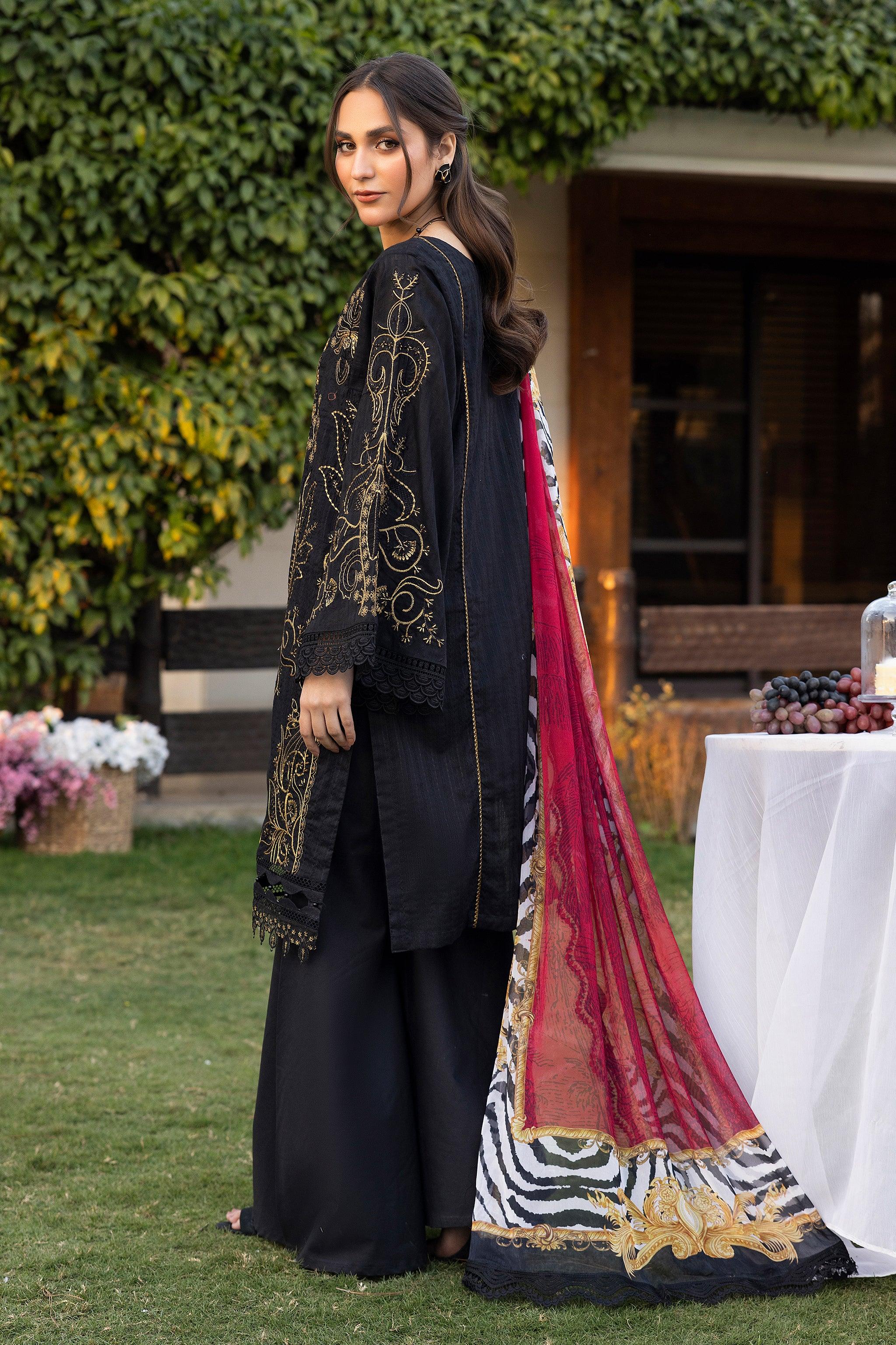 3 Piece Black Unstitched Embroidered Lawn - SafaNoor