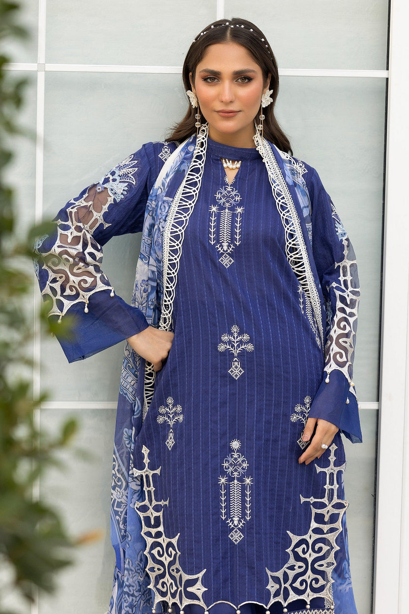 3 Piece Blue Unstitched Embroidered Lawn - SafaNoor Main image