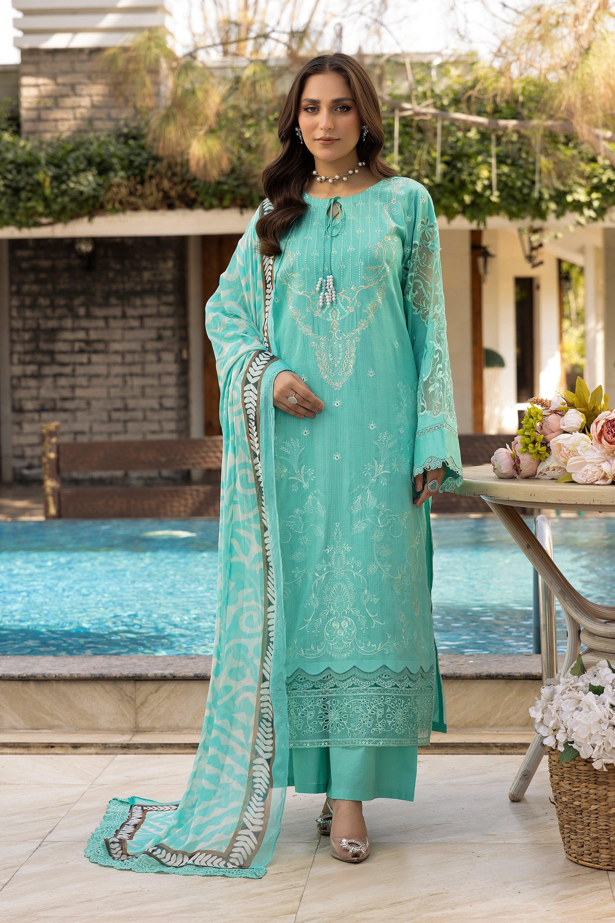 3 Piece Cyan Unstitched Embroidered Lawn - SafaNoor Main image