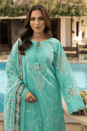3 Piece Cyan Unstitched Embroidered Lawn - SafaNoor