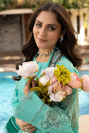 3 Piece Cyan Unstitched Embroidered Lawn - SafaNoor