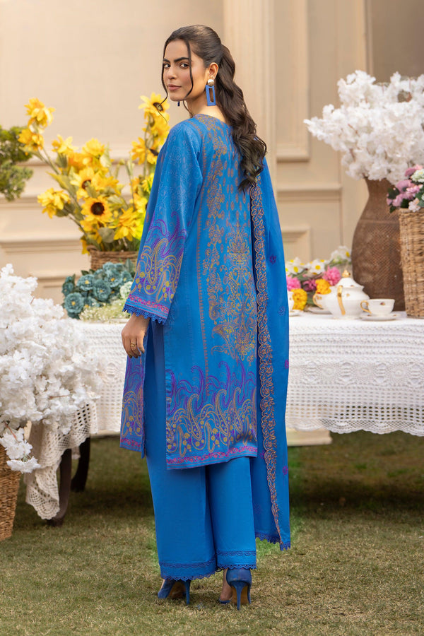 3 Piece Azure Blue Embroidered Lawn Unstitched - SafaNoor