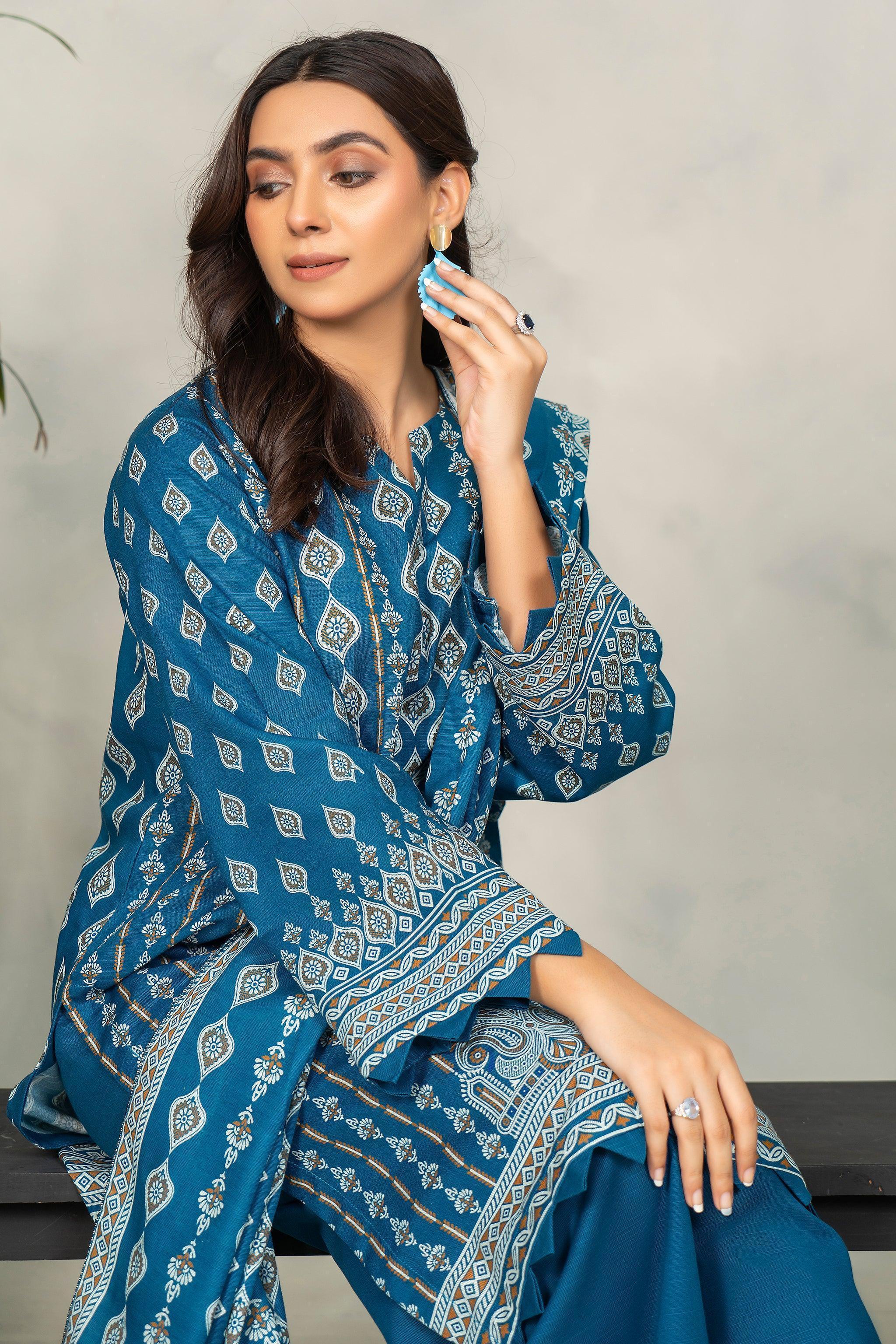 3 Piece Azure Blue Khaddar Unstitched - SafaNoor