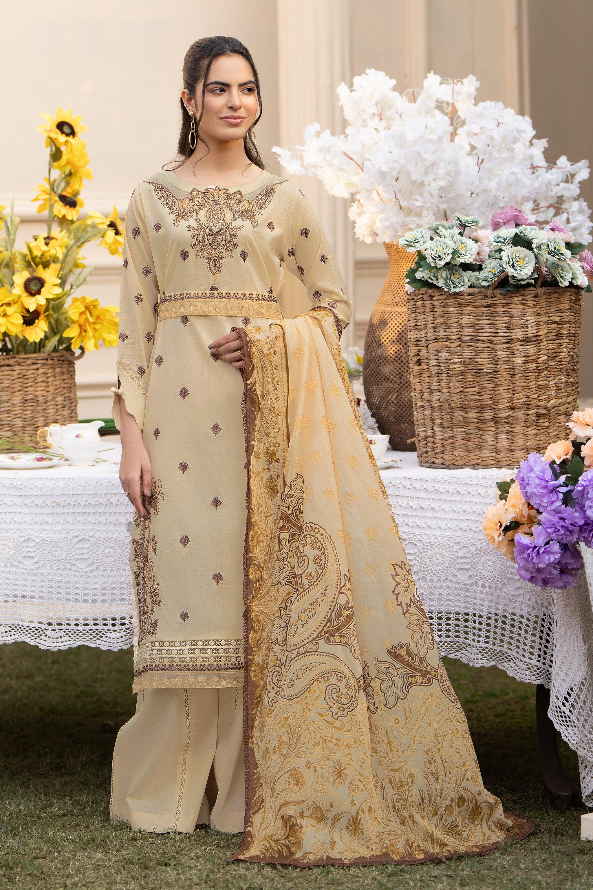 3 Piece Beige Embroidered Lawn Unstitched - SafaNoor
