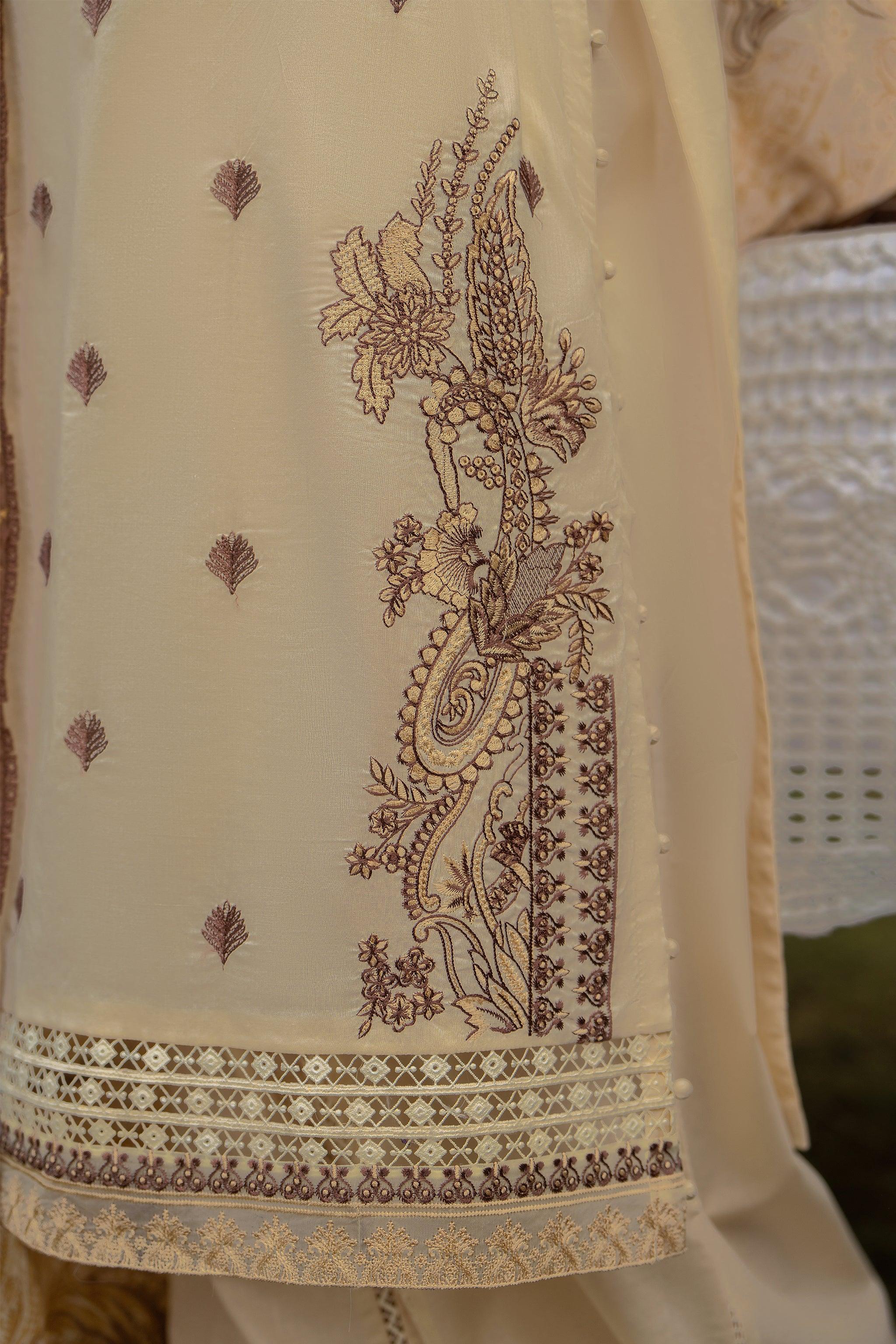 3 Piece Beige Embroidered Lawn Unstitched - SafaNoor