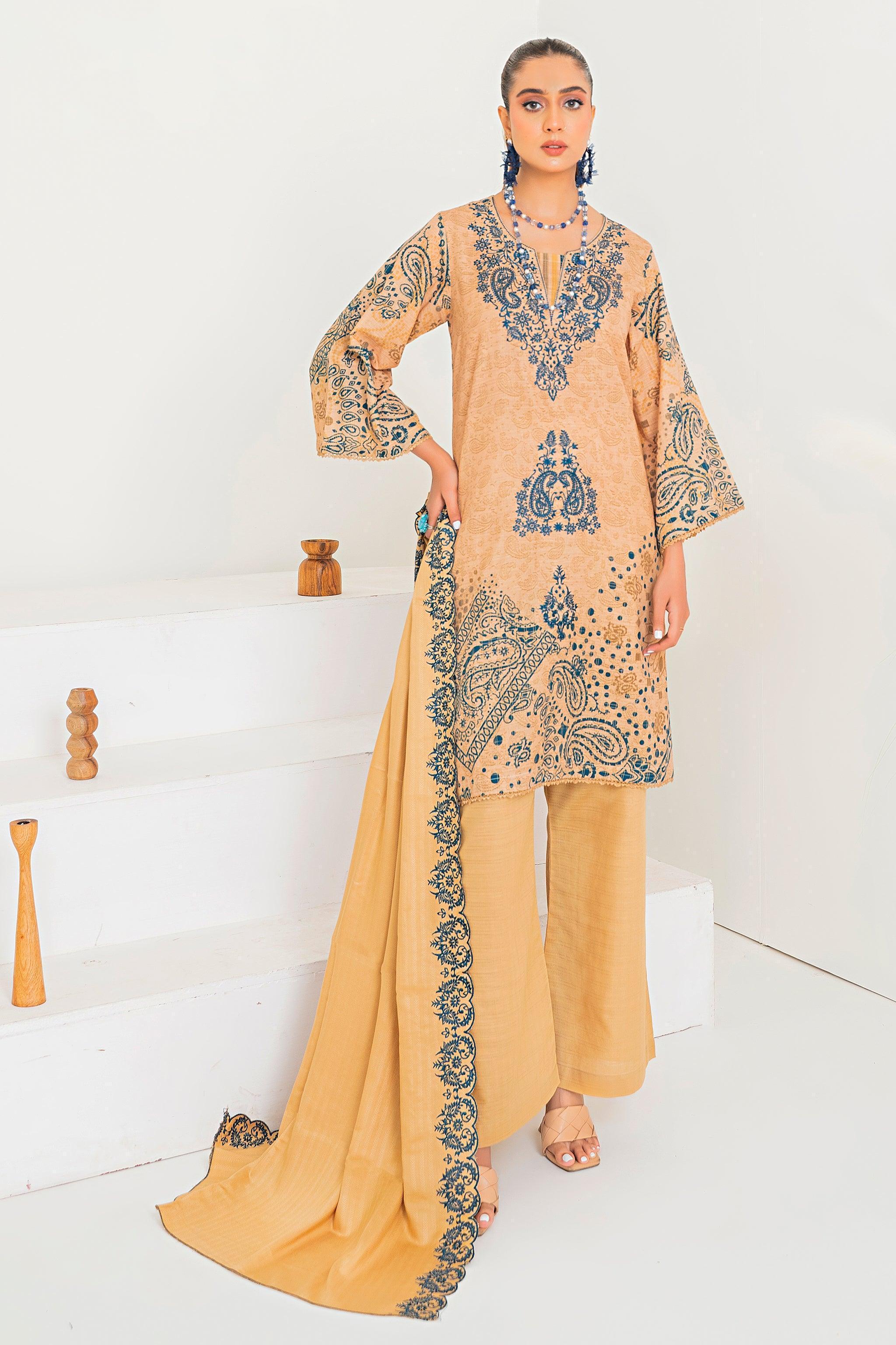 3 Piece Beige Printed Khaddar Unstitched - SafaNoor