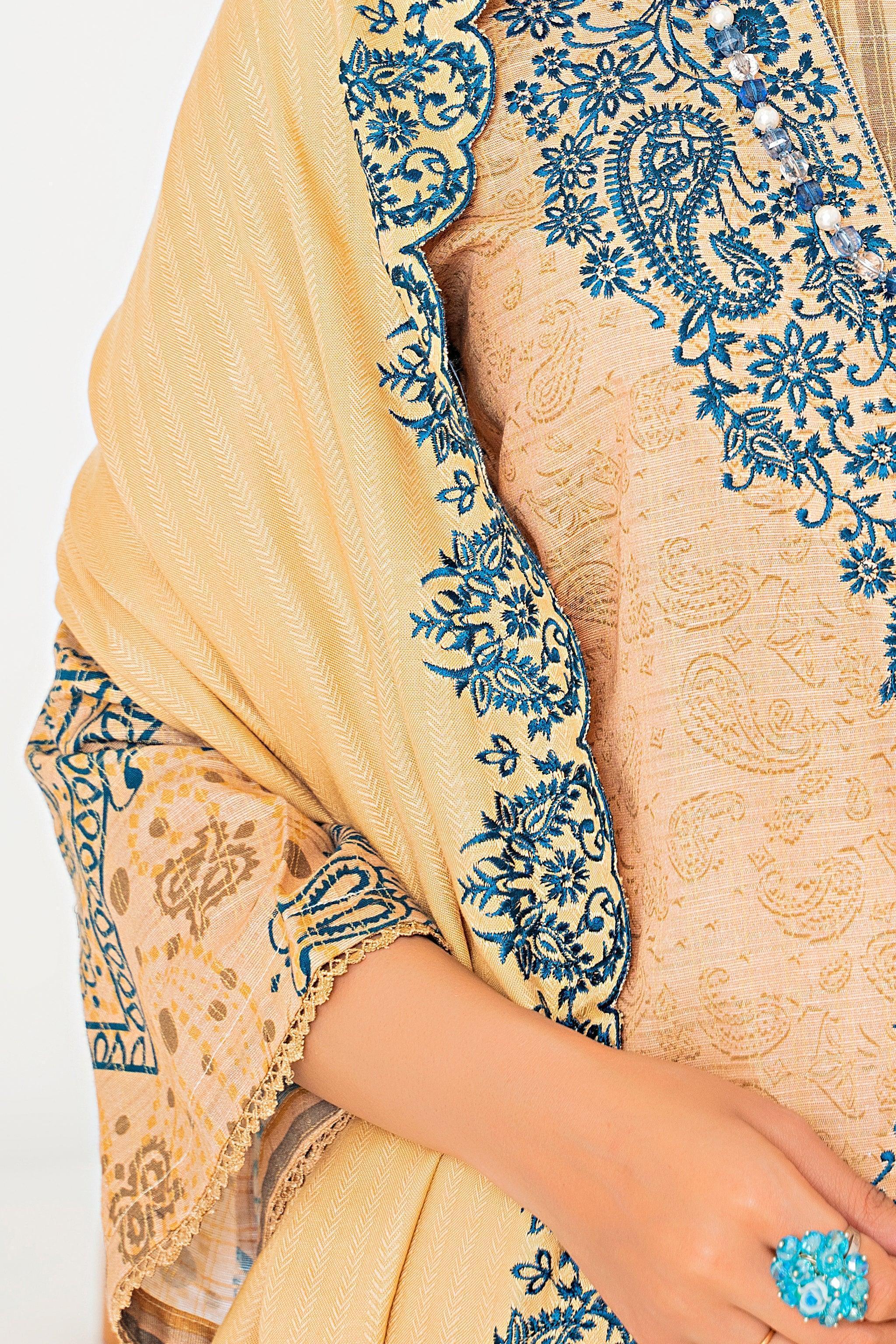 3 Piece Beige Printed Khaddar Unstitched - SafaNoor