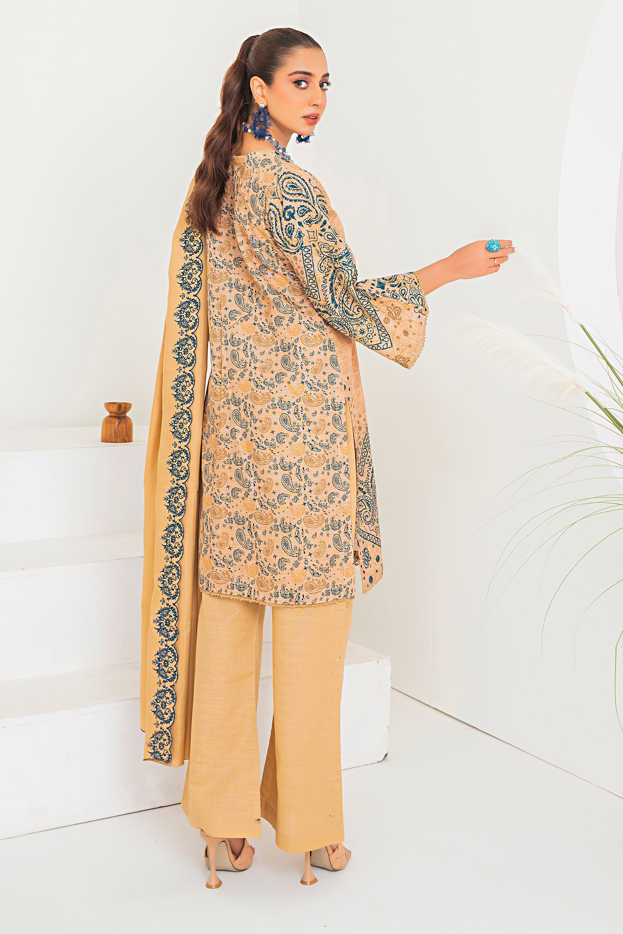 3 Piece Beige Printed Khaddar Unstitched - (Vol-80/12)3P-W-24-D2 - SAFANOOR