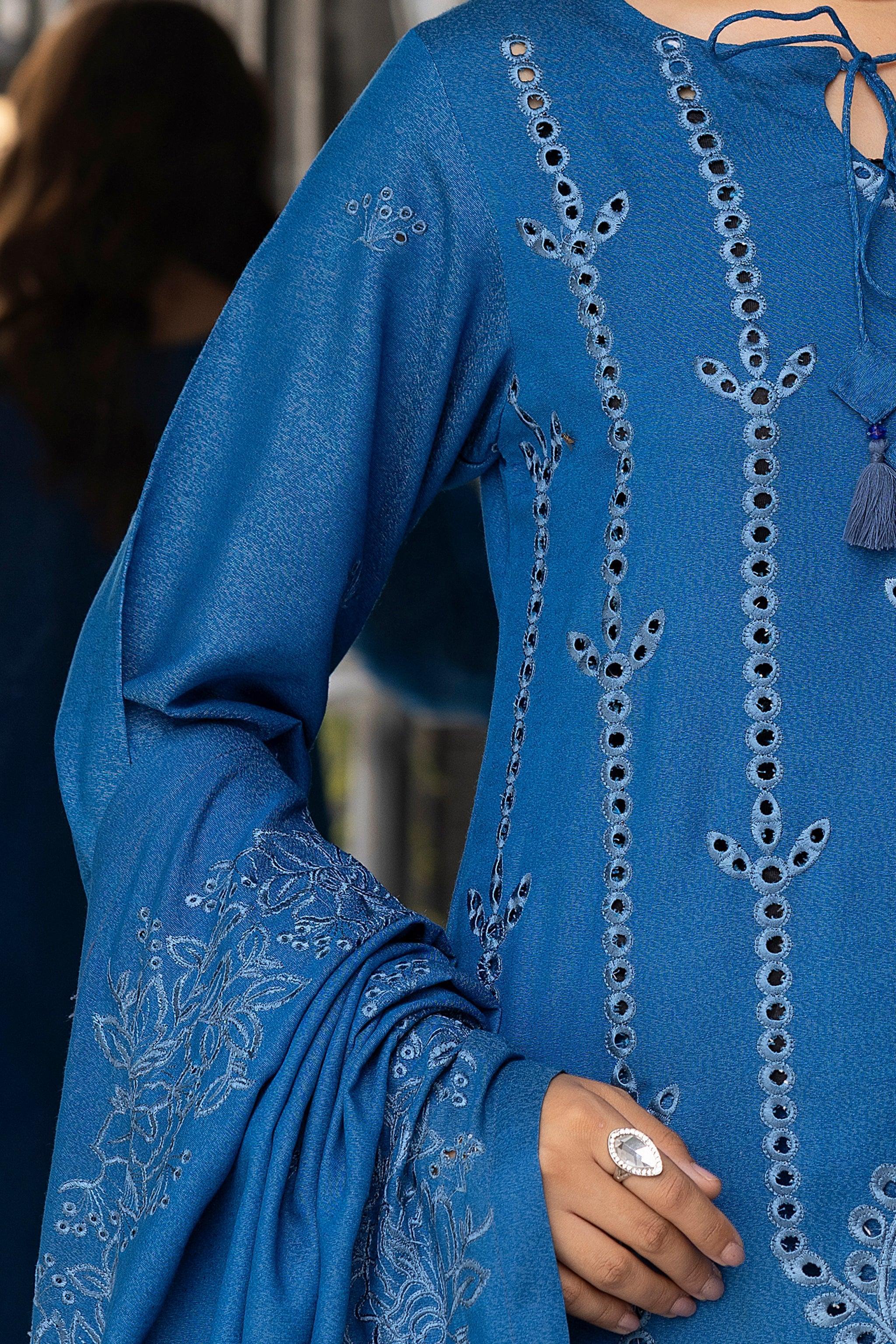 3 Piece Blue Embroidered Karandi Unstitched - SafaNoor