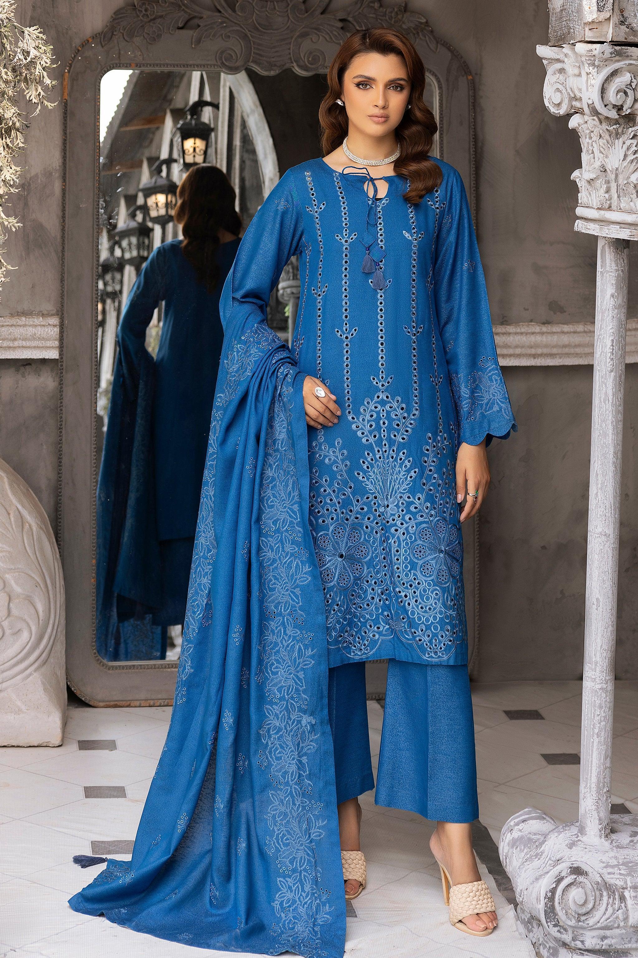 3 Piece Blue Embroidered Karandi Unstitched - SafaNoor