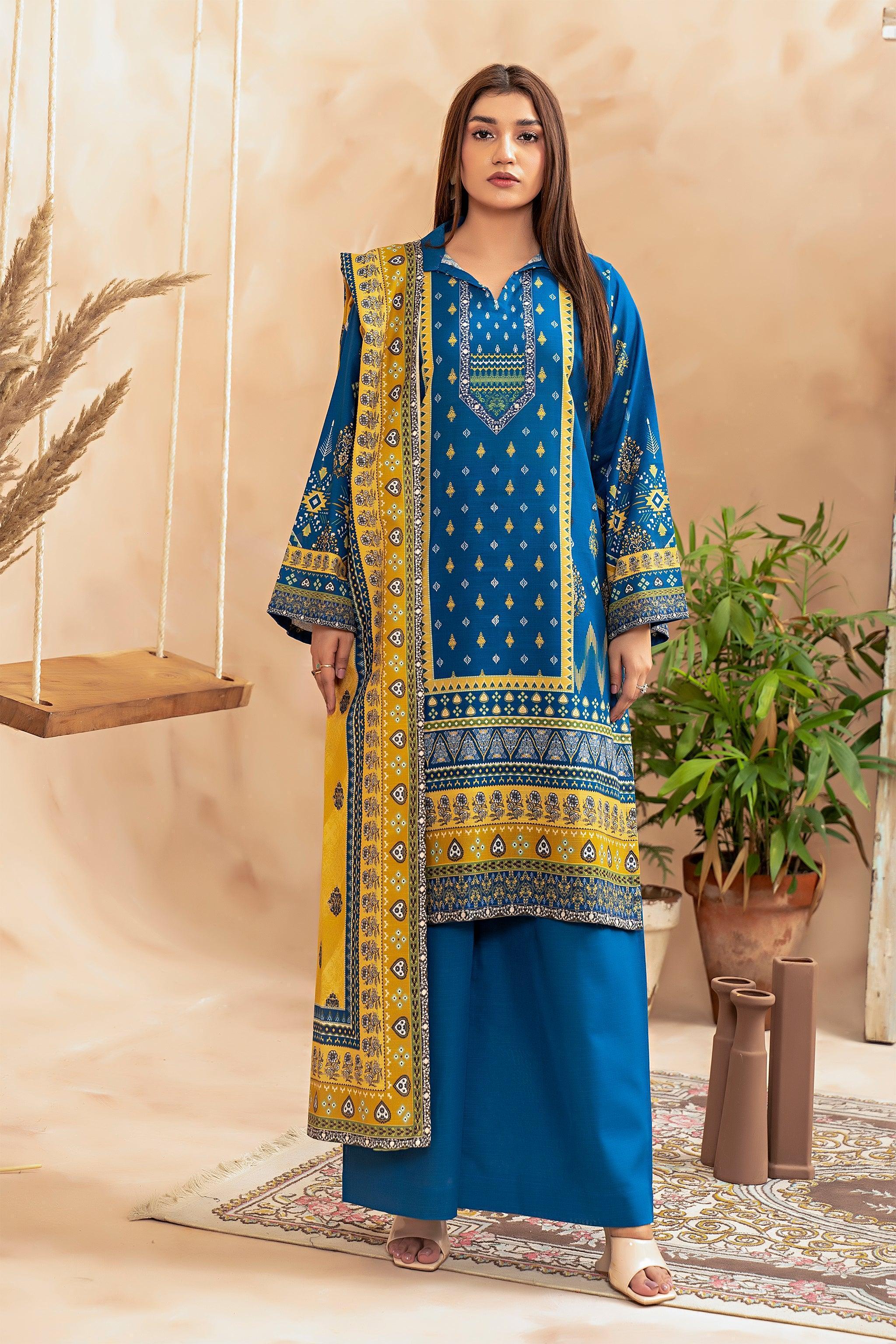 3 Piece Blue Khaddar Unstitched - SafaNoor