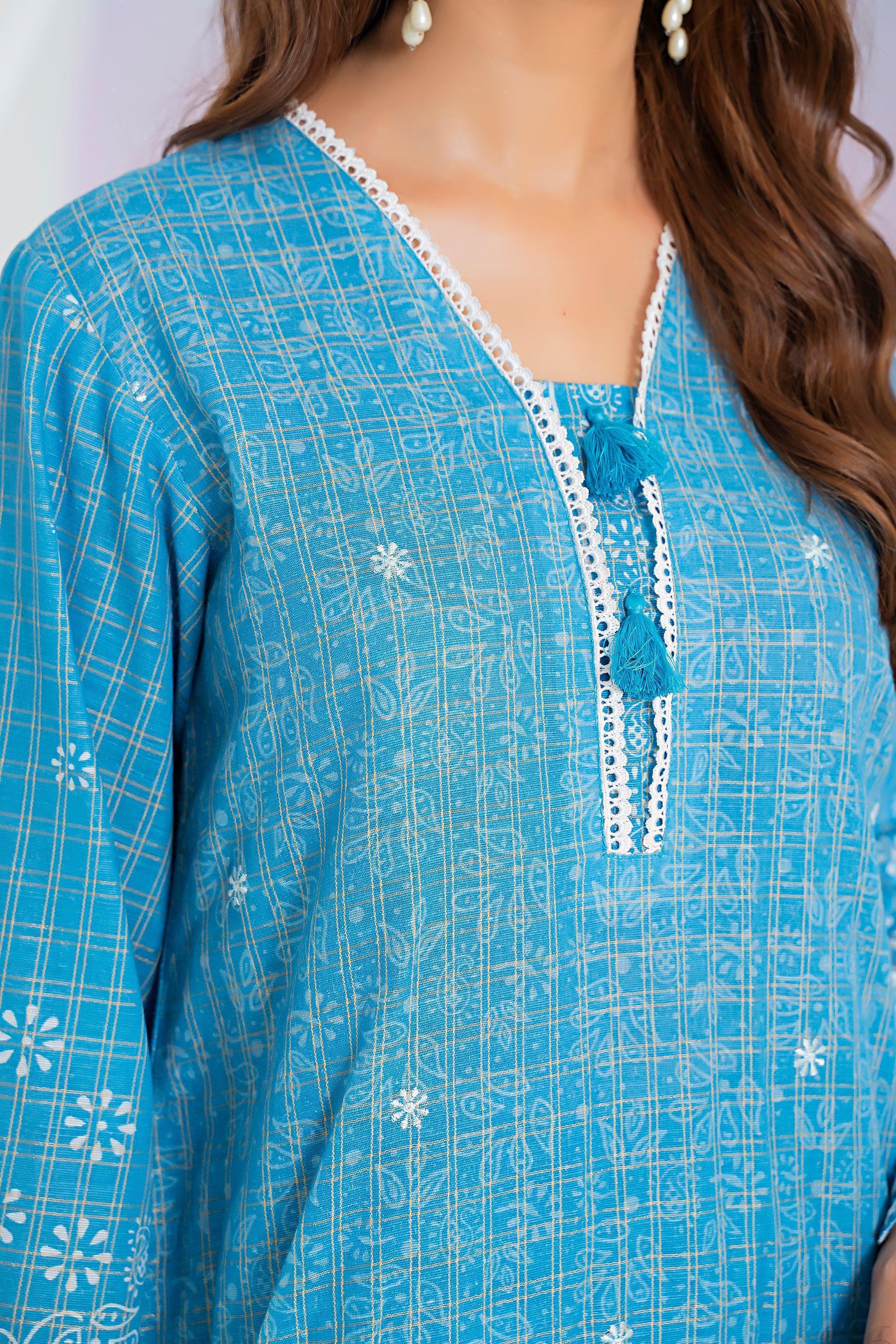 3 Piece Blue Printed Khaddar Unstitched - SafaNoor