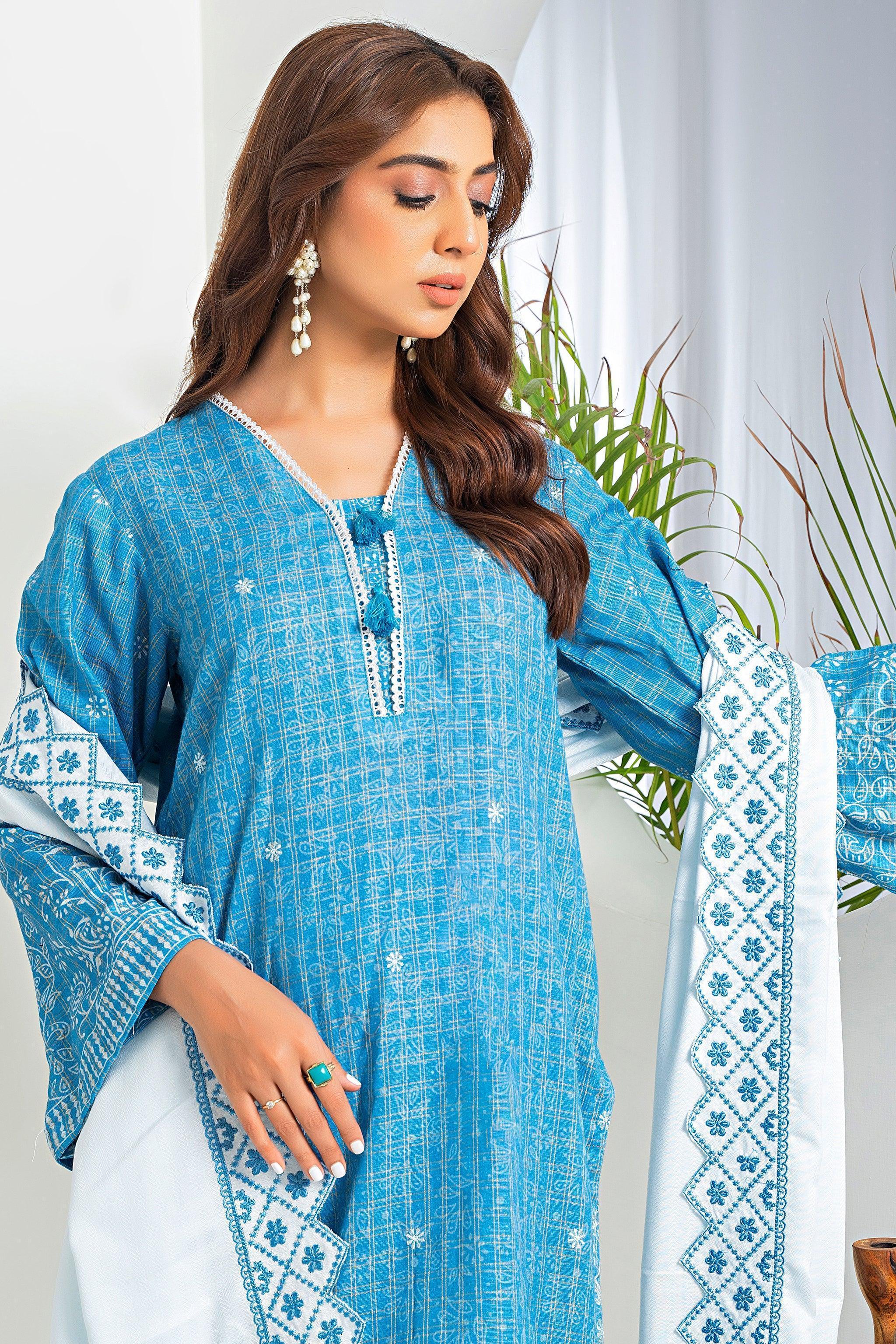 3 Piece Blue Printed Khaddar Unstitched - SafaNoor