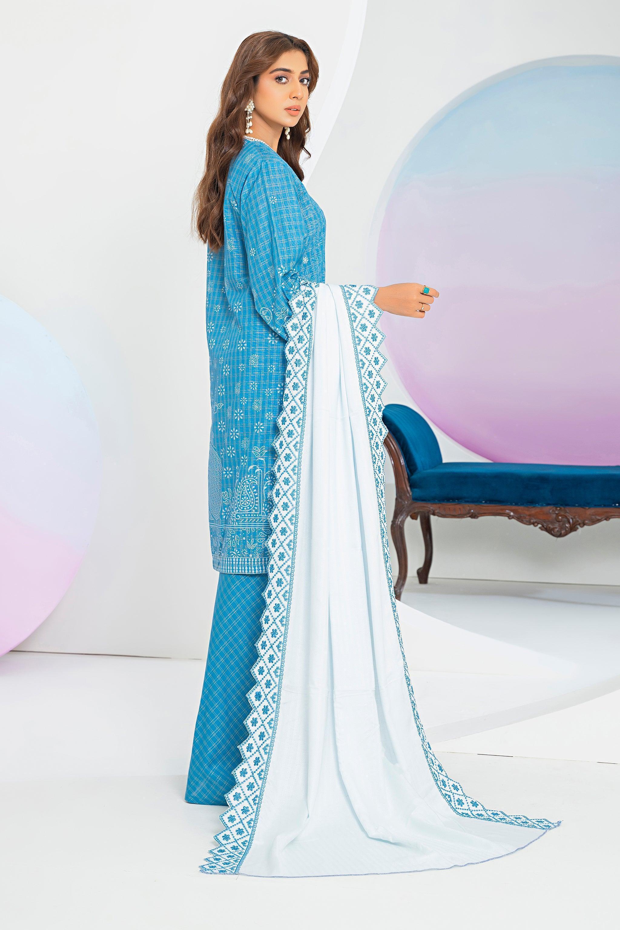 3 Piece Blue Printed Khaddar Unstitched - SafaNoor