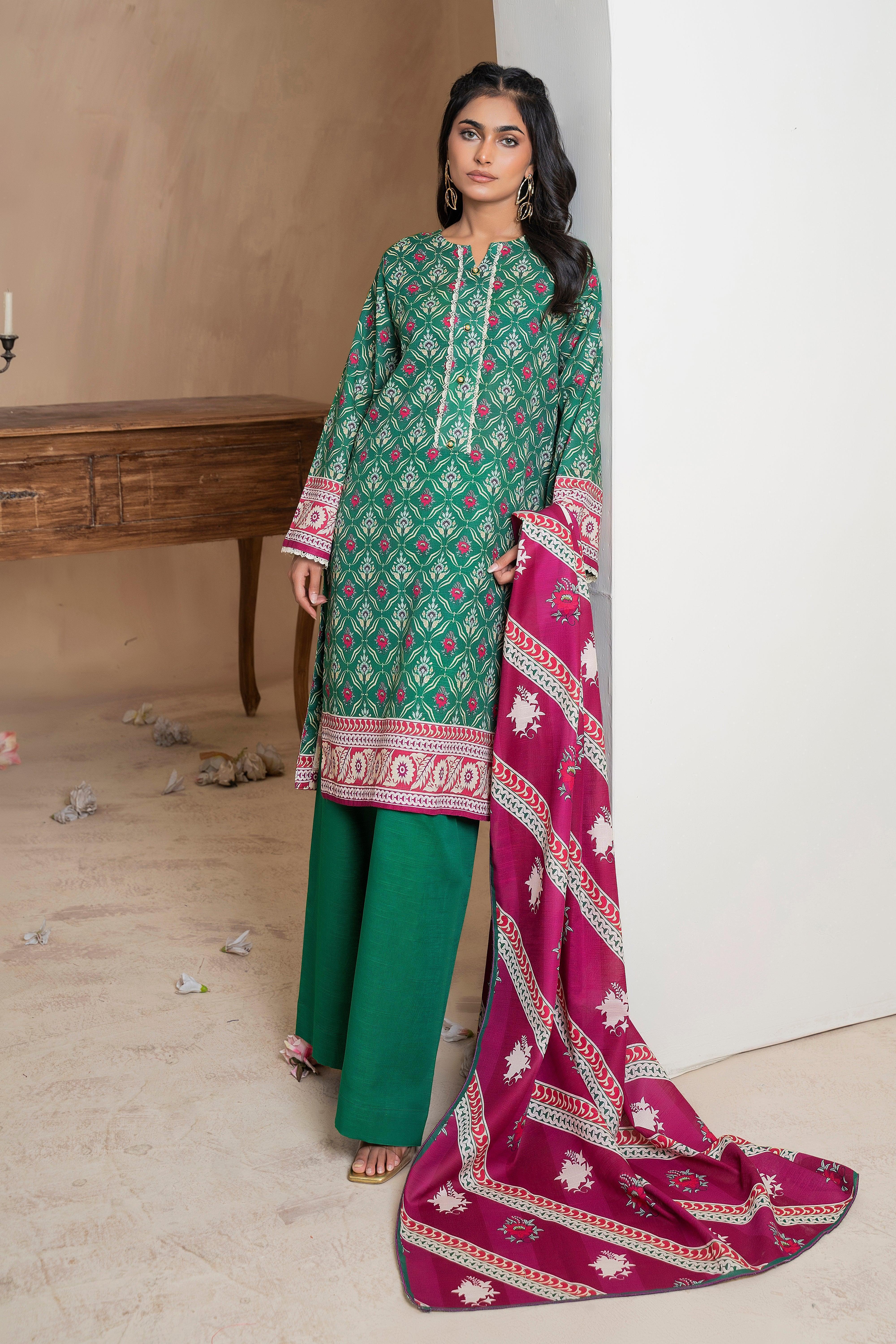 3 Piece Bottle Green Khaddar Unstitched - SafaNoor