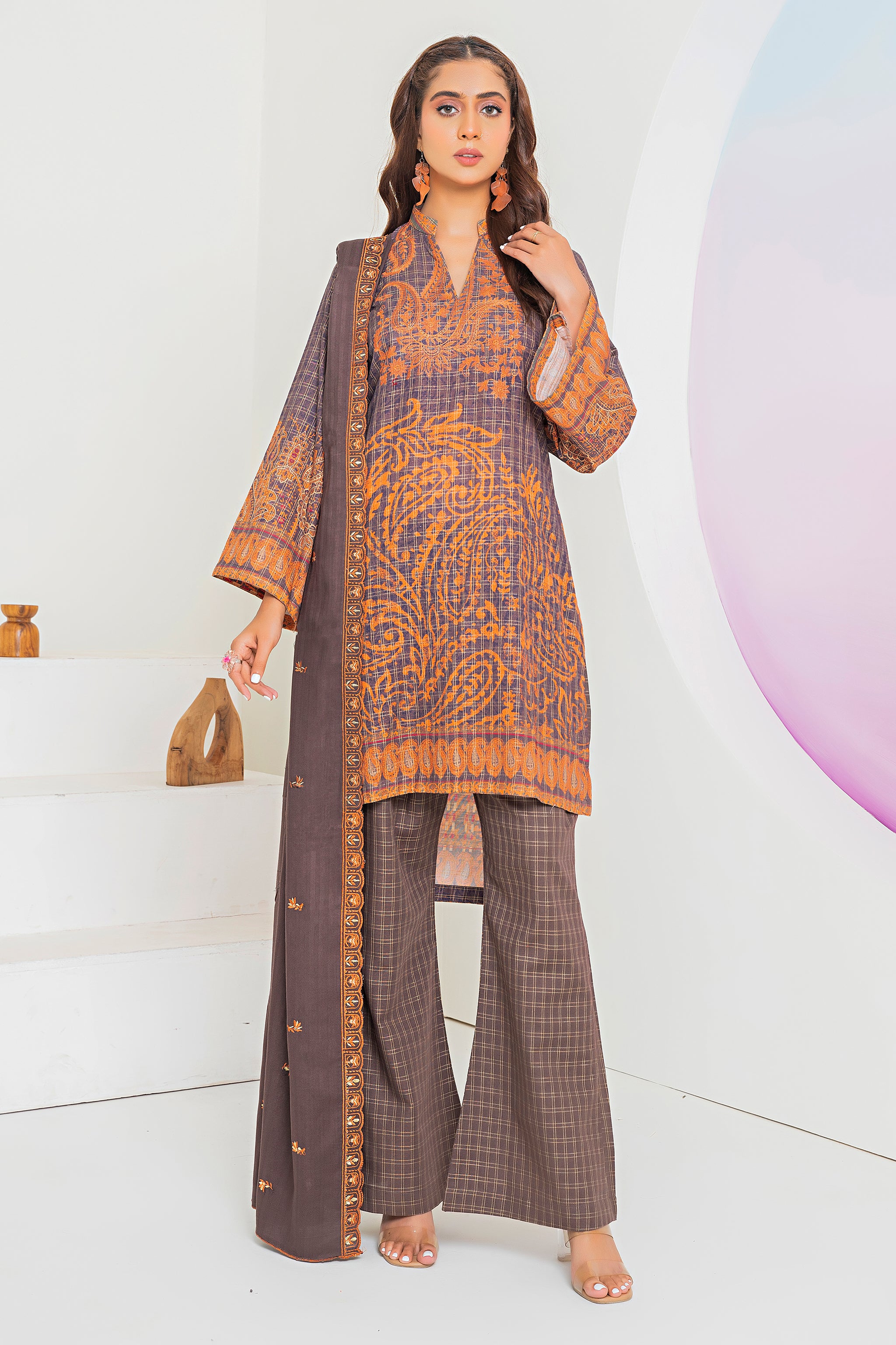 3 Piece Brown Printed Khaddar Unstitched - (Vol-80/12)3P-W-24-D4 - SAFANOOR