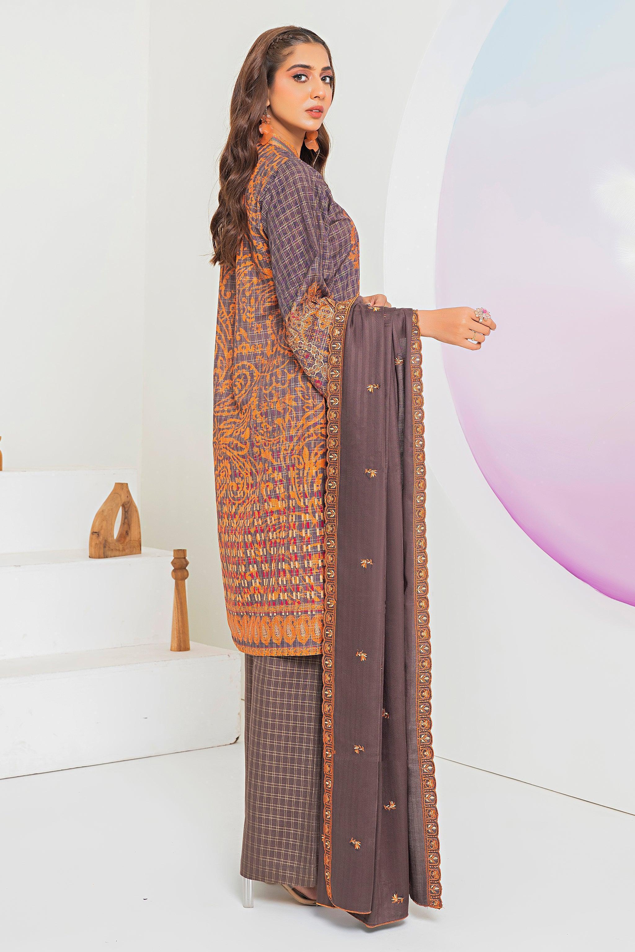 3 Piece Brown Printed Khaddar Unstitched - SafaNoor