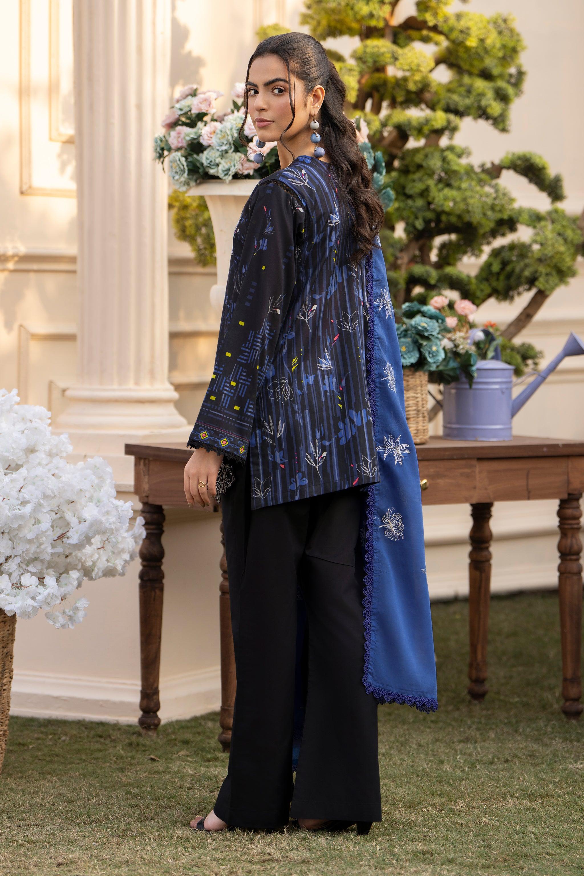 3 Piece Charcoal Embroidered Lawn Unstitched - SafaNoor
