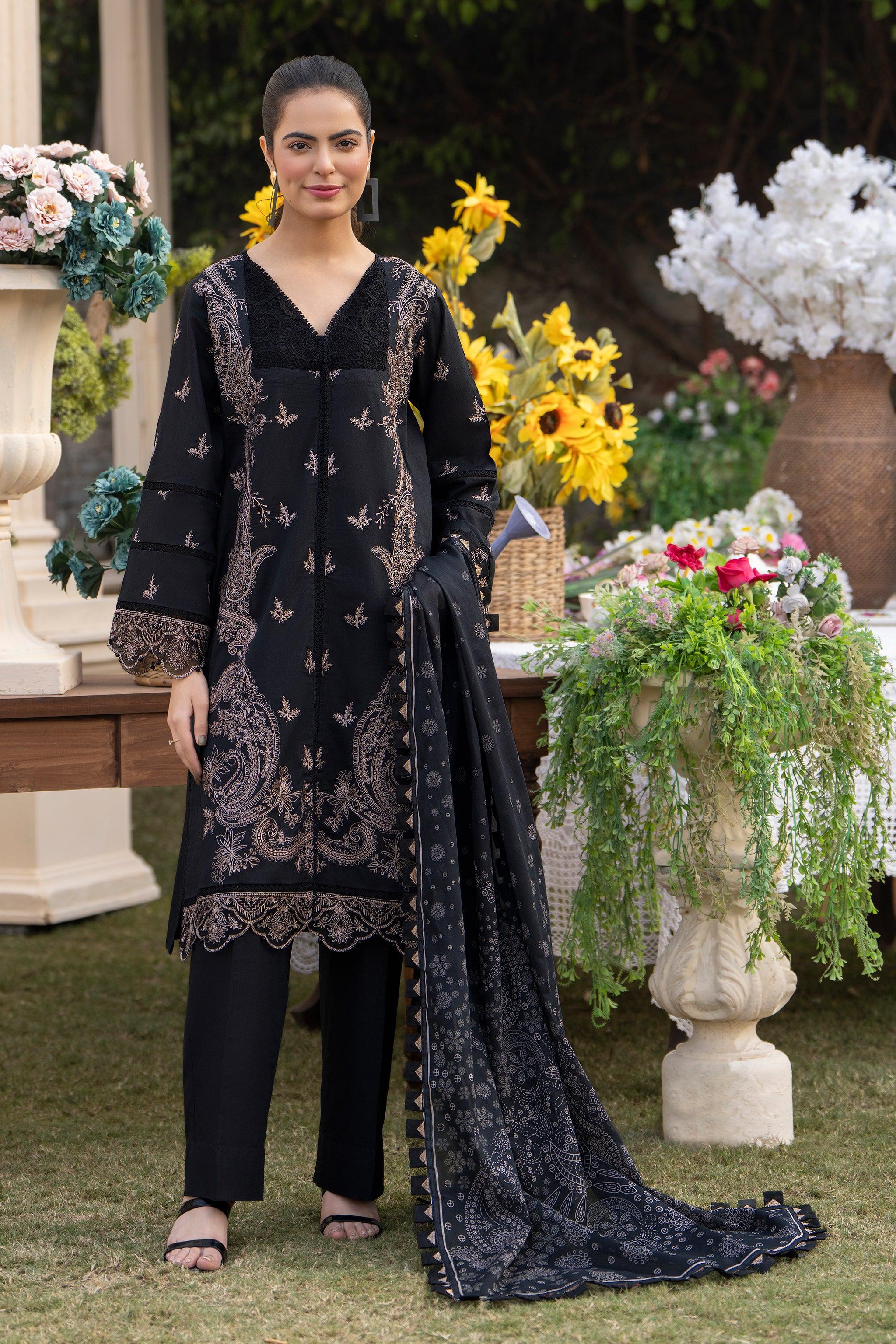 3 Piece Chic Black Embroidered Lawn Unstitched - SafaNoor