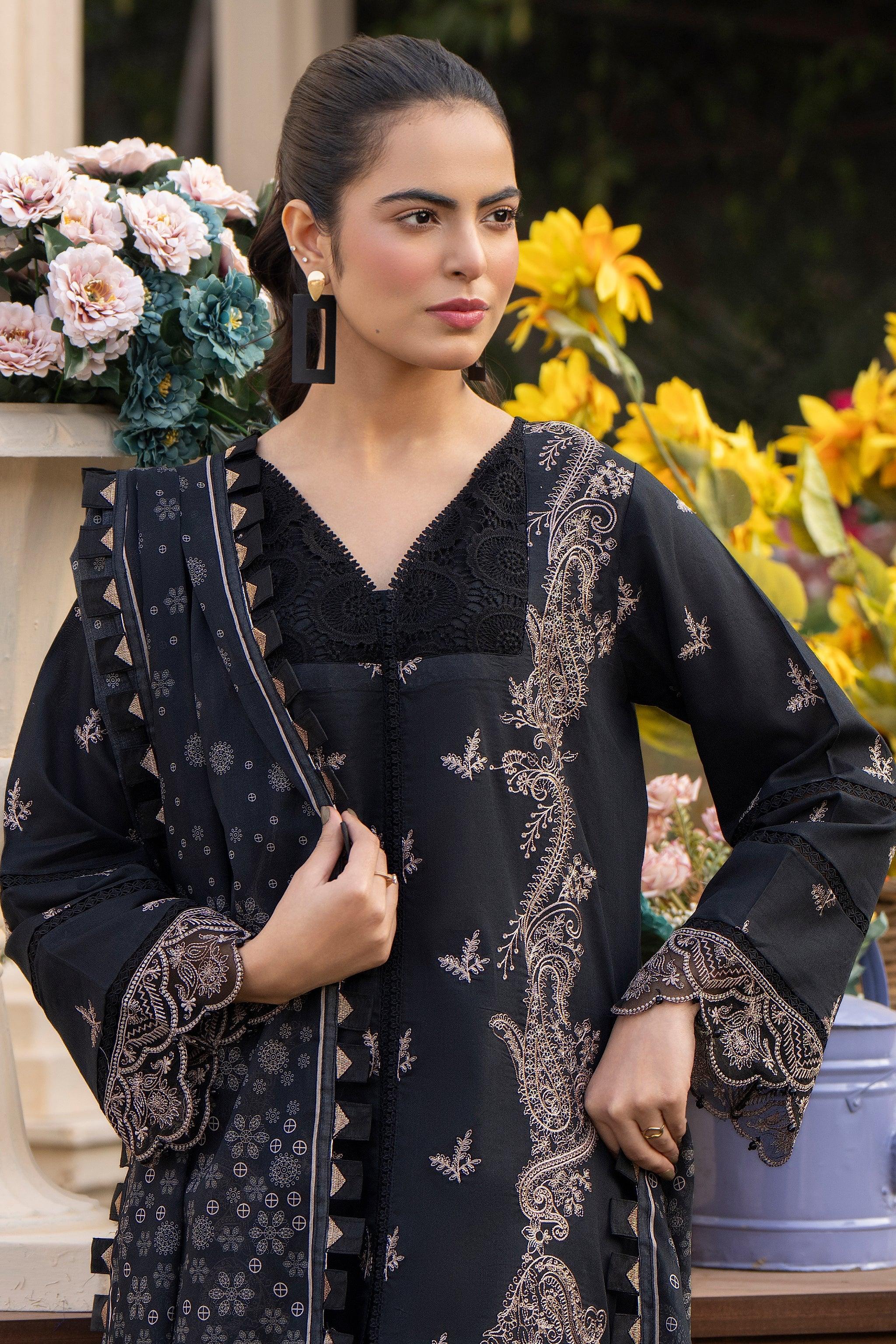 3 Piece Chic Black Embroidered Lawn Unstitched - SafaNoor
