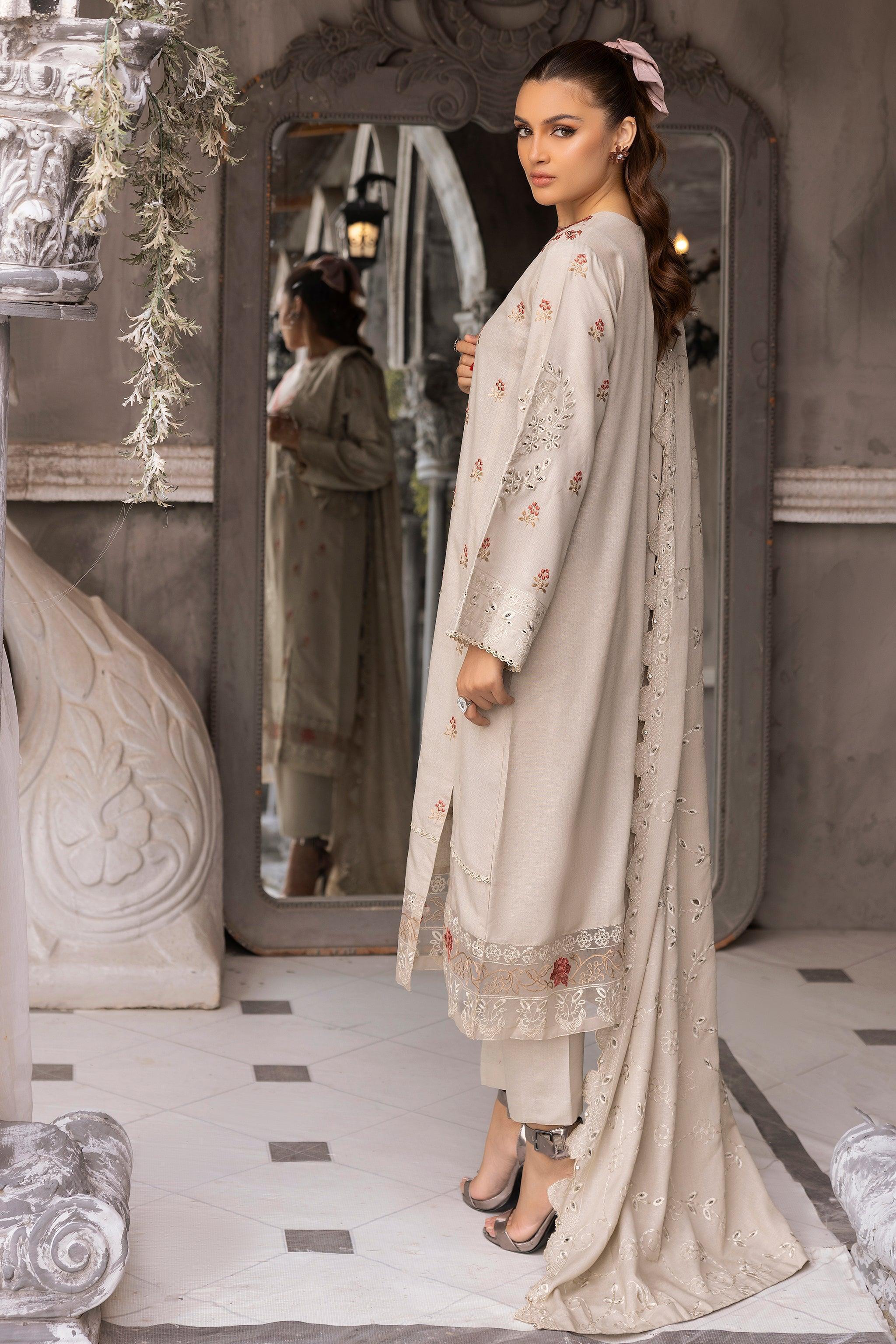 3 Piece Chic Gray Embroidered Karandi Unstitched - SafaNoor