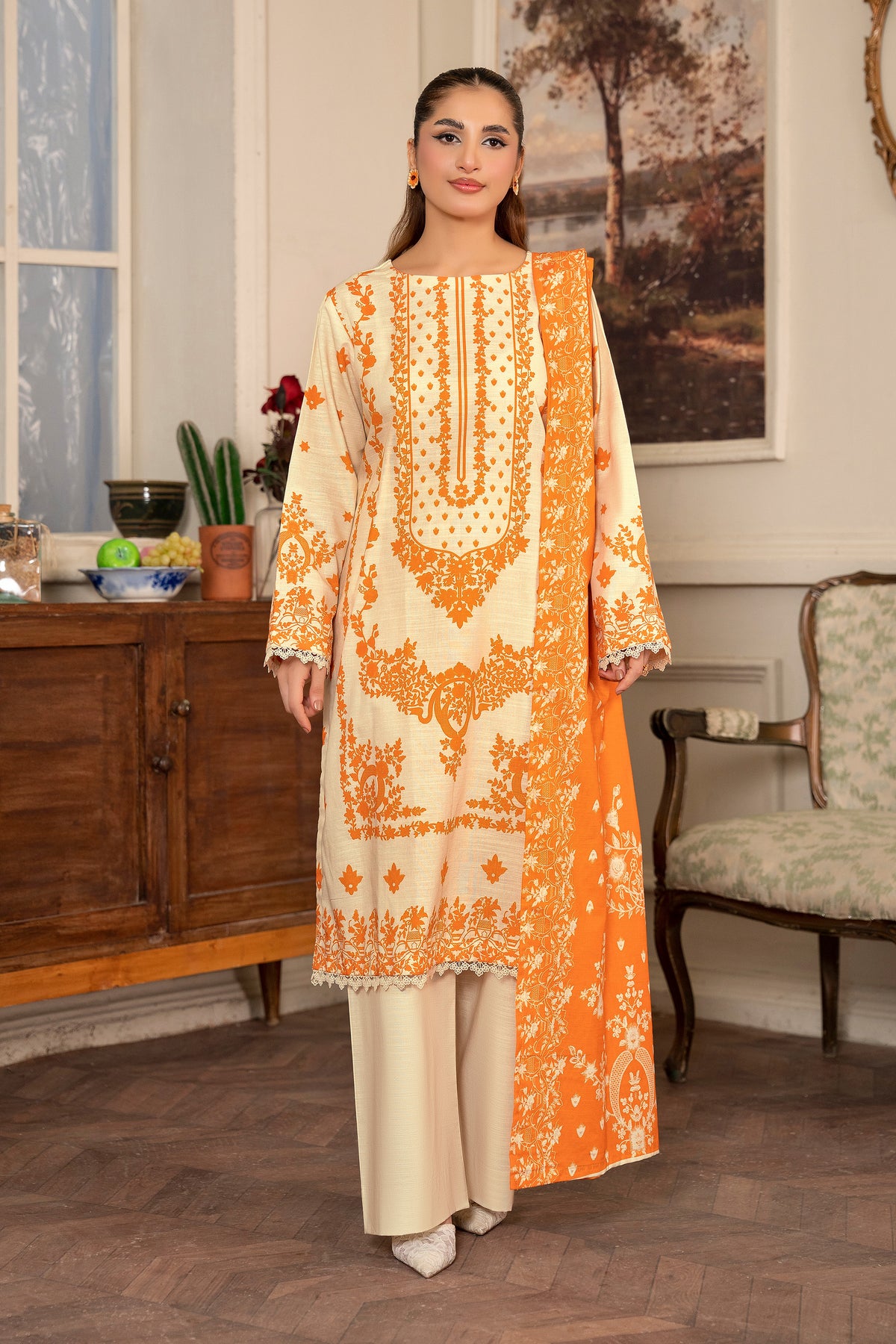 3 Piece Cream Unstitched Printed Khaddar - (Vol-109/09)D2 - SAFANOOR