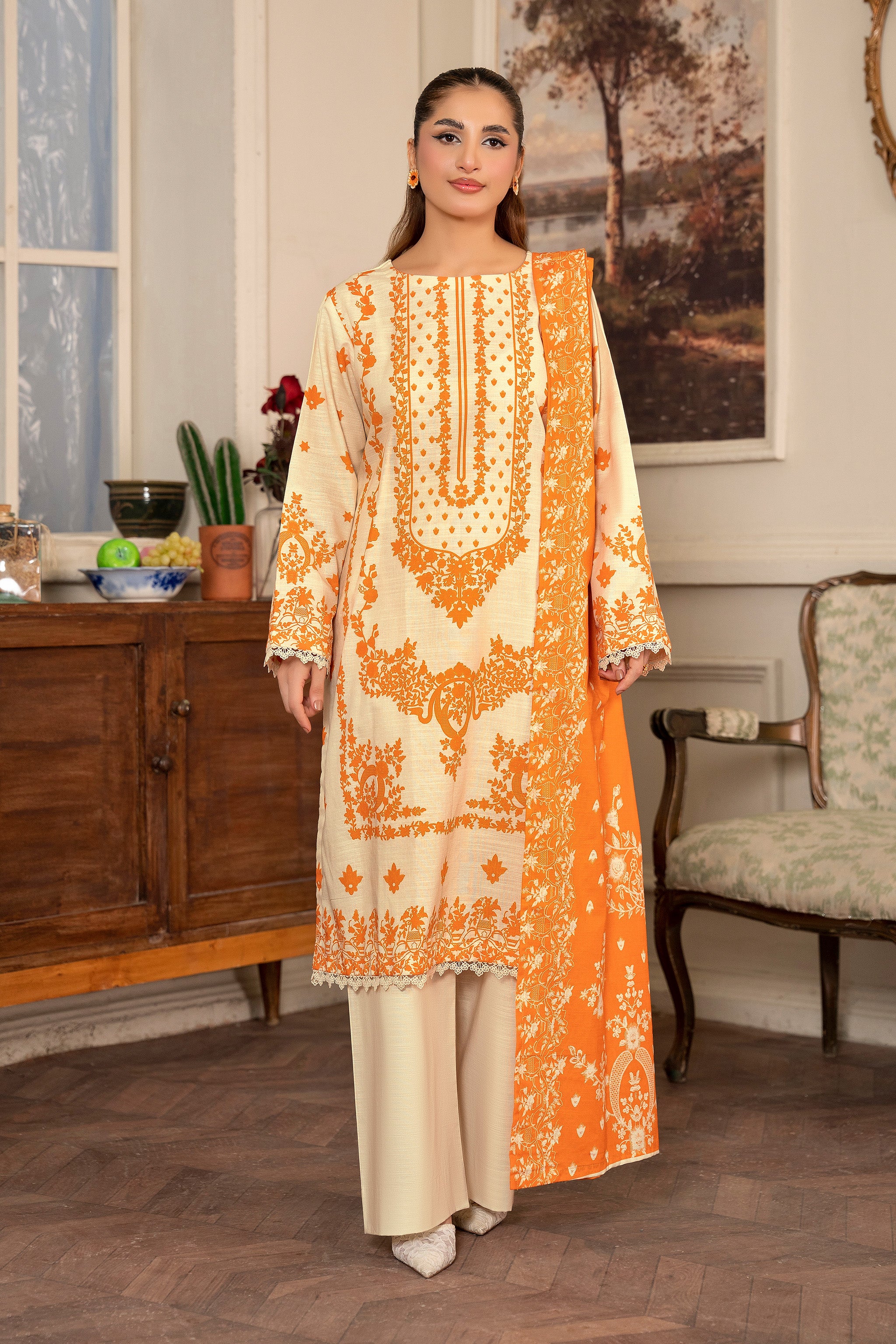 3 Piece Cream Unstitched Printed Khaddar - (Vol-109/09)D2 - SAFANOOR