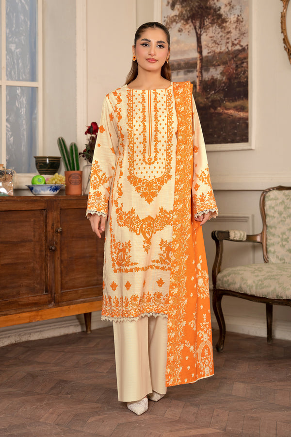 3 Piece Cream Unstitched Printed Khaddar - (Vol-109/09)D2 - SAFANOOR