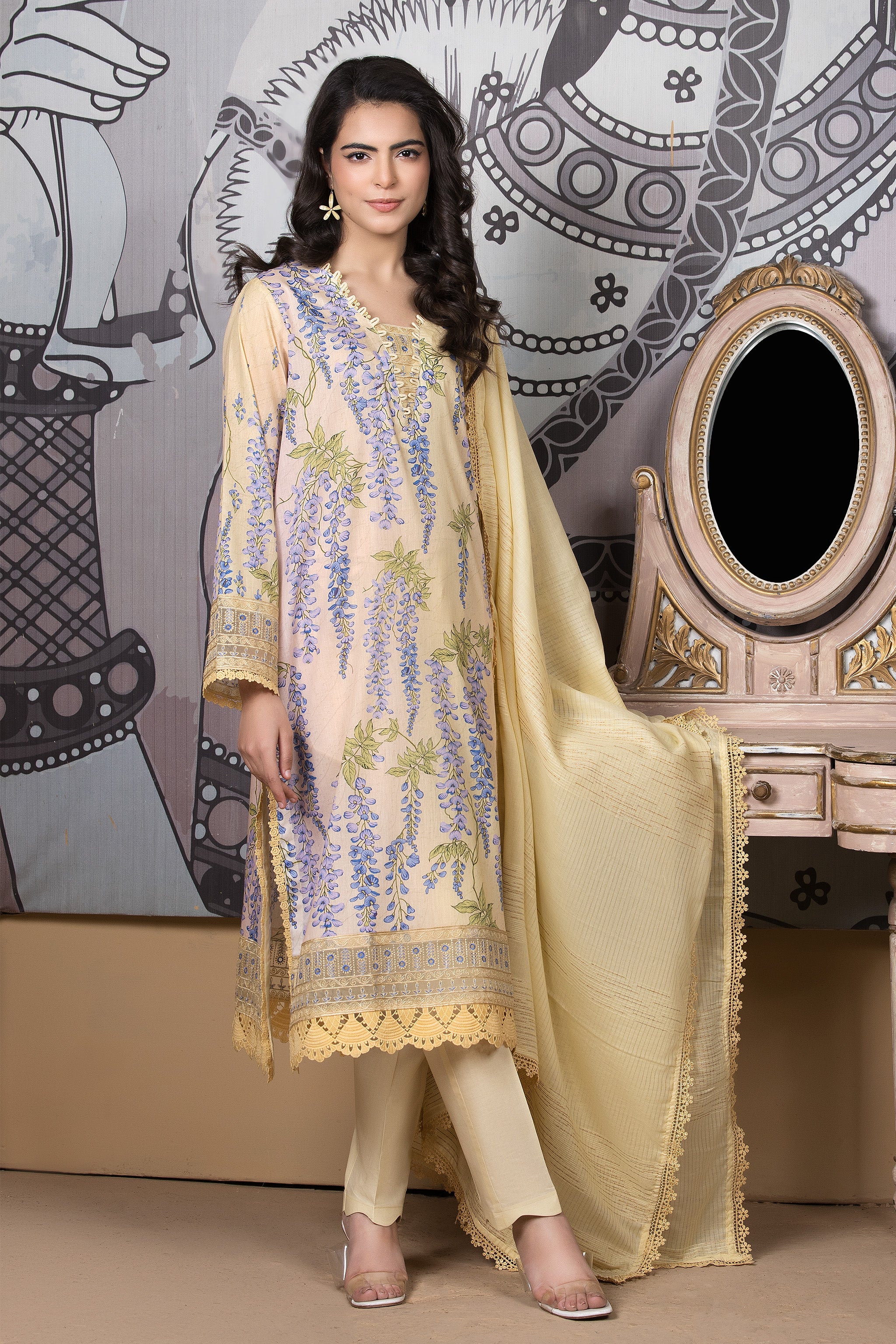 3 Piece Cream Unstitched Printed Lawn - (Vol-101/12)3P-S-25-D4 - SAFANOOR