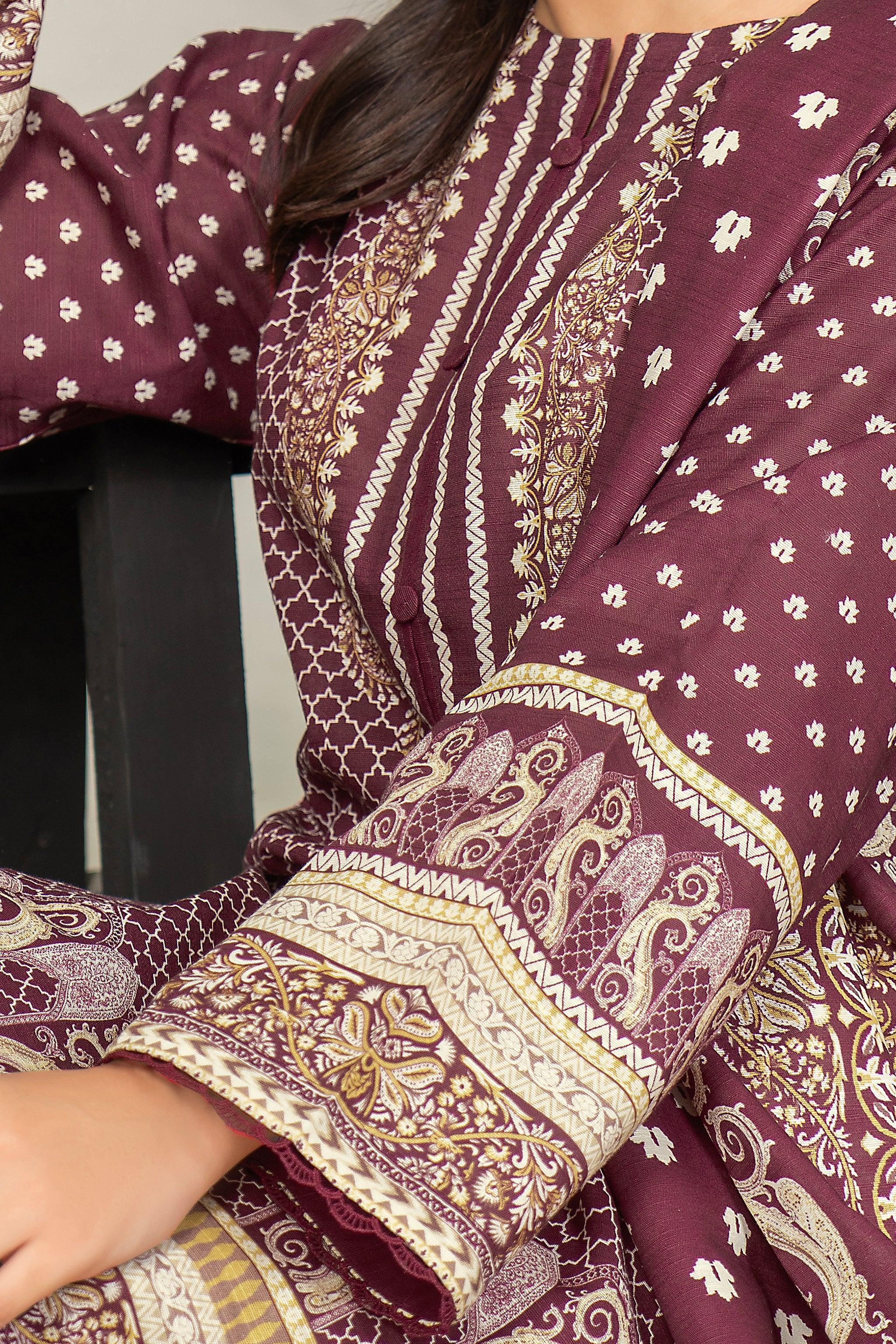 3 Piece Dark Maroon Khaddar Unstitched - SafaNoor