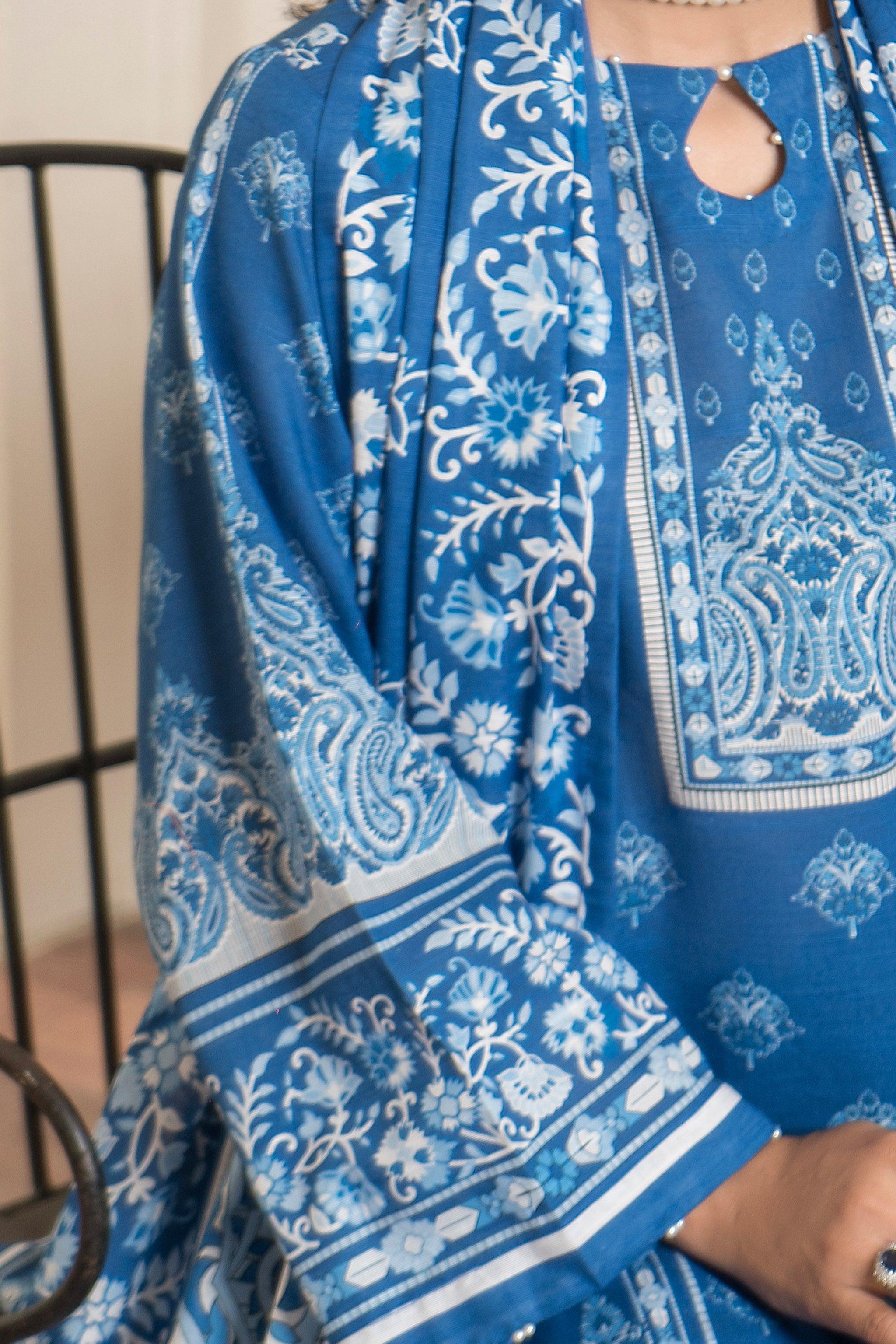 3 Piece Dell Blue Khaddar Unstitched - SafaNoor