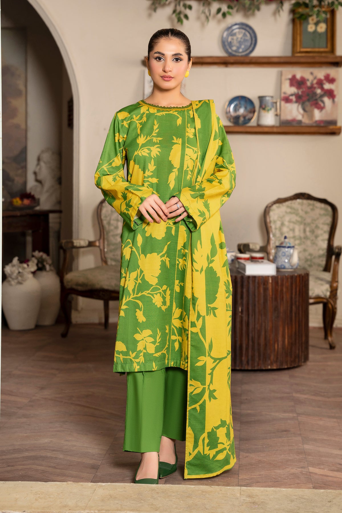 3 Piece Green Unstitched Printed Khaddar - (Vol-109/09)D1 - SAFANOOR