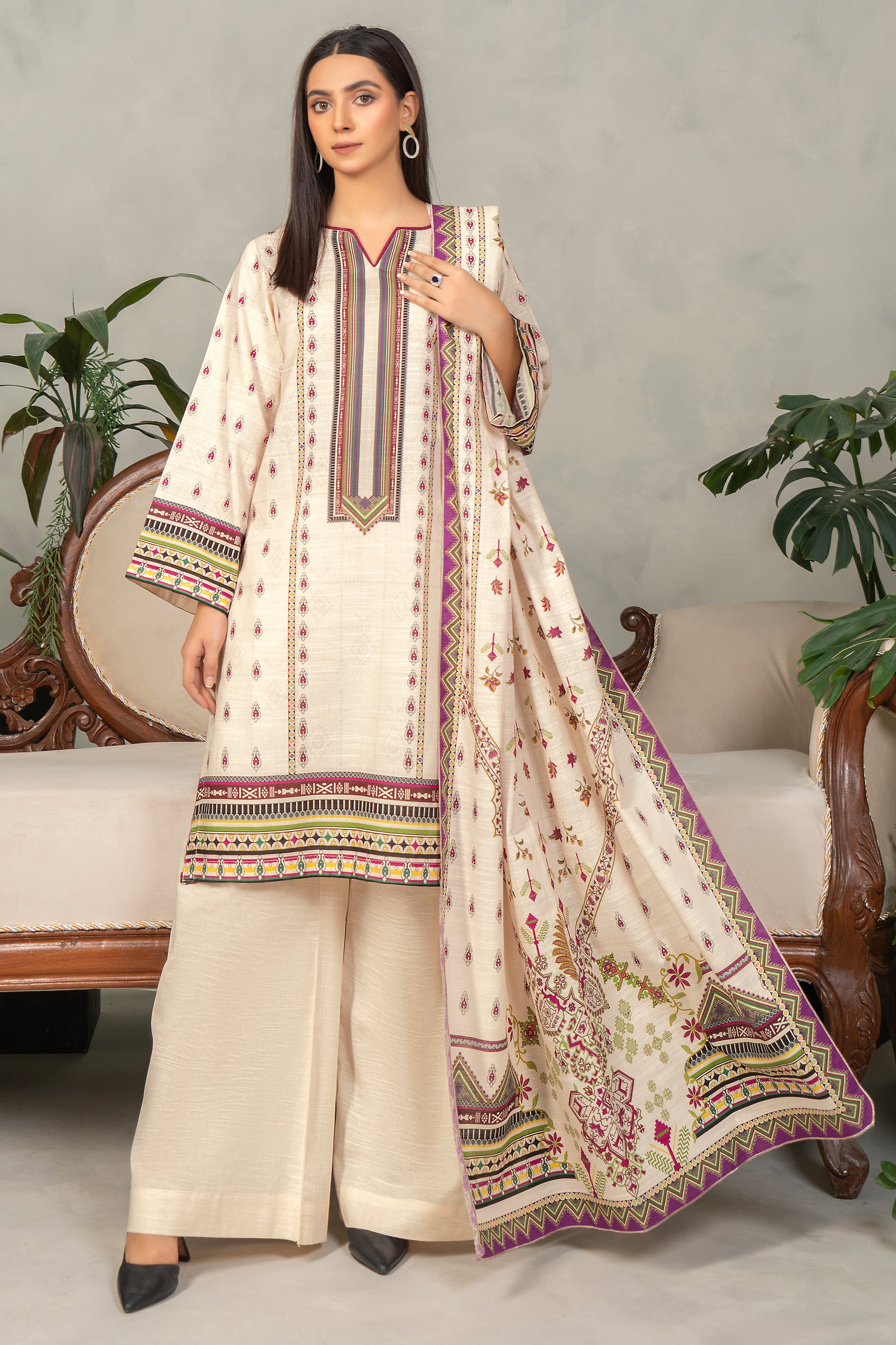 3 Piece Ivory White Khaddar Unstitched - (Vol-84/13)3P-W-24-D2 - SAFANOOR