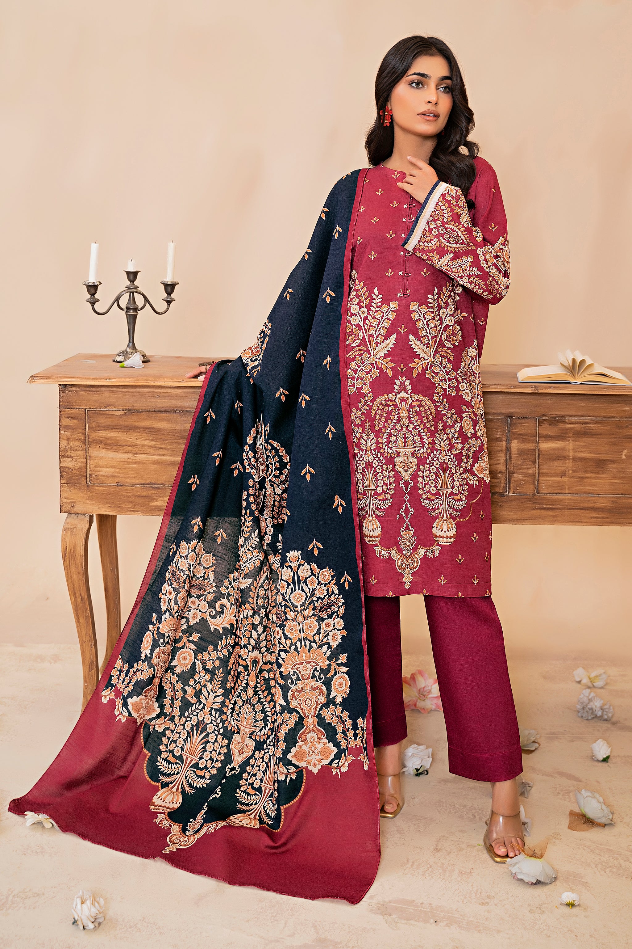 3 Piece Maroon Khaddar Unstitched - (Vol-79/11)3P-W-24-D-12 - SAFANOOR