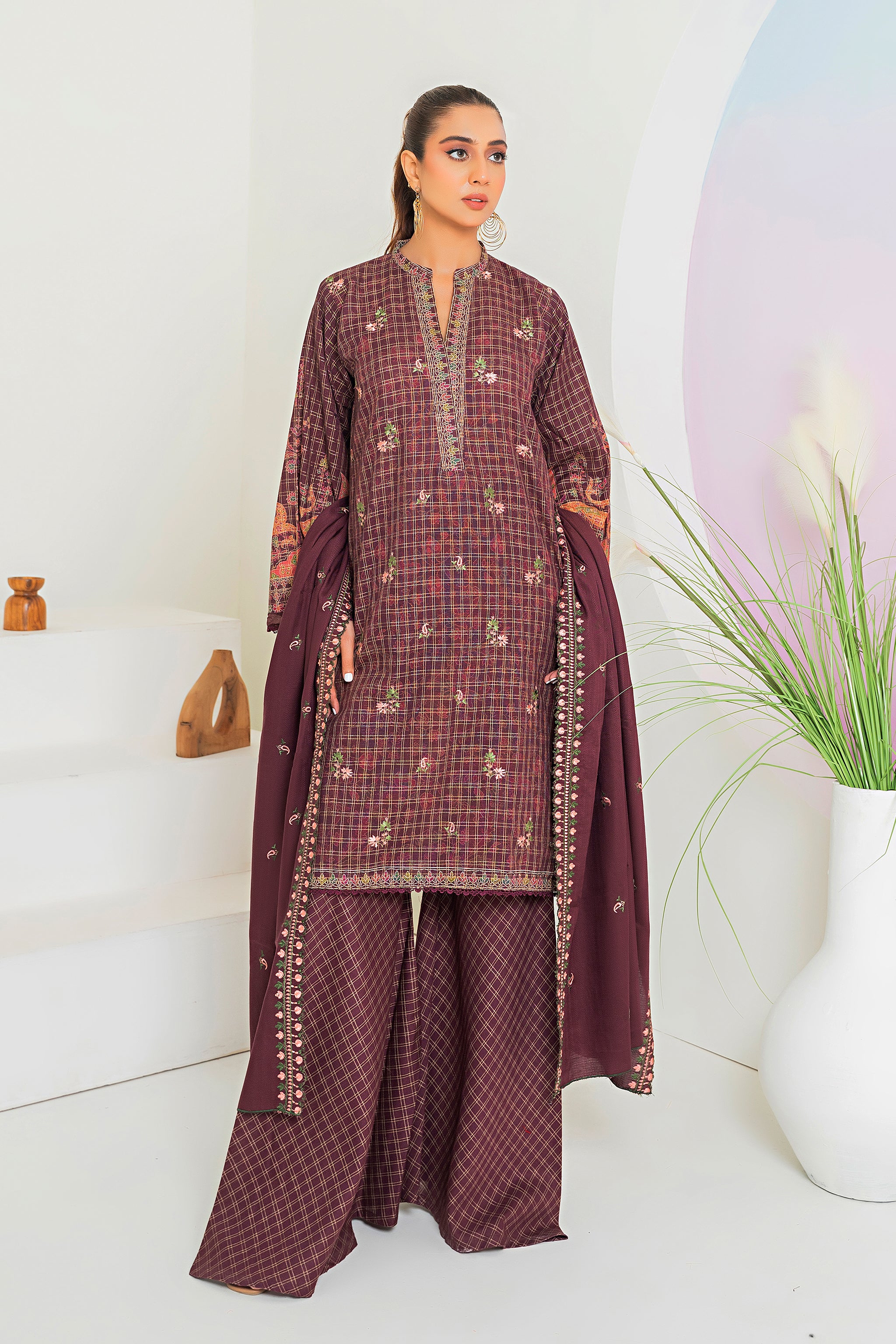 3 Piece Maroon Printed Khaddar Unstitched - (Vol-80/12)3P-W-24-D9 - SAFANOOR