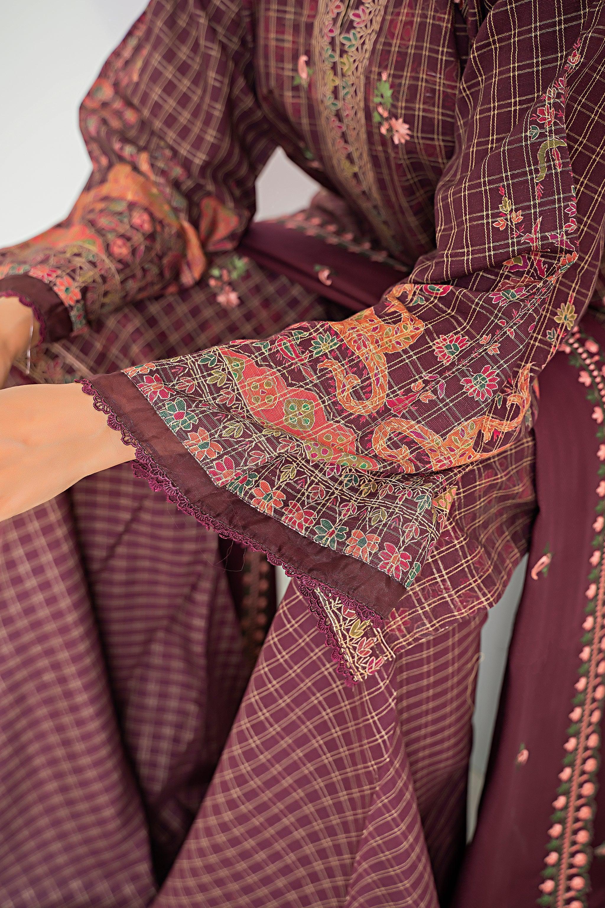 3 Piece Maroon Printed Khaddar Unstitched - SafaNoor
