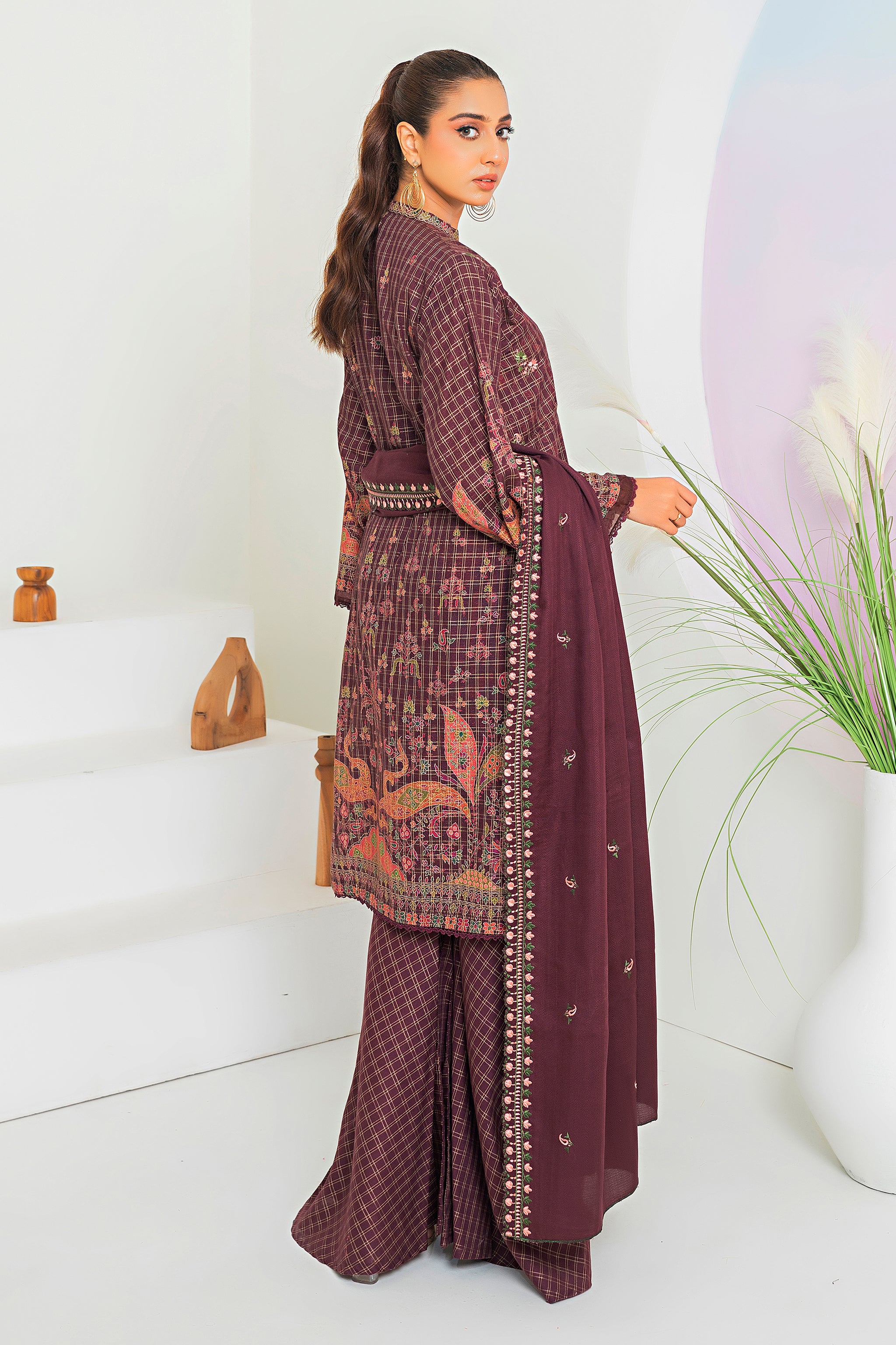 3 Piece Maroon Printed Khaddar Unstitched - (Vol-80/12)3P-W-24-D9 - SAFANOOR