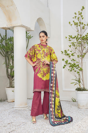 3 Piece Maroon Unstitched Embroidered Lawn - SafaNoor