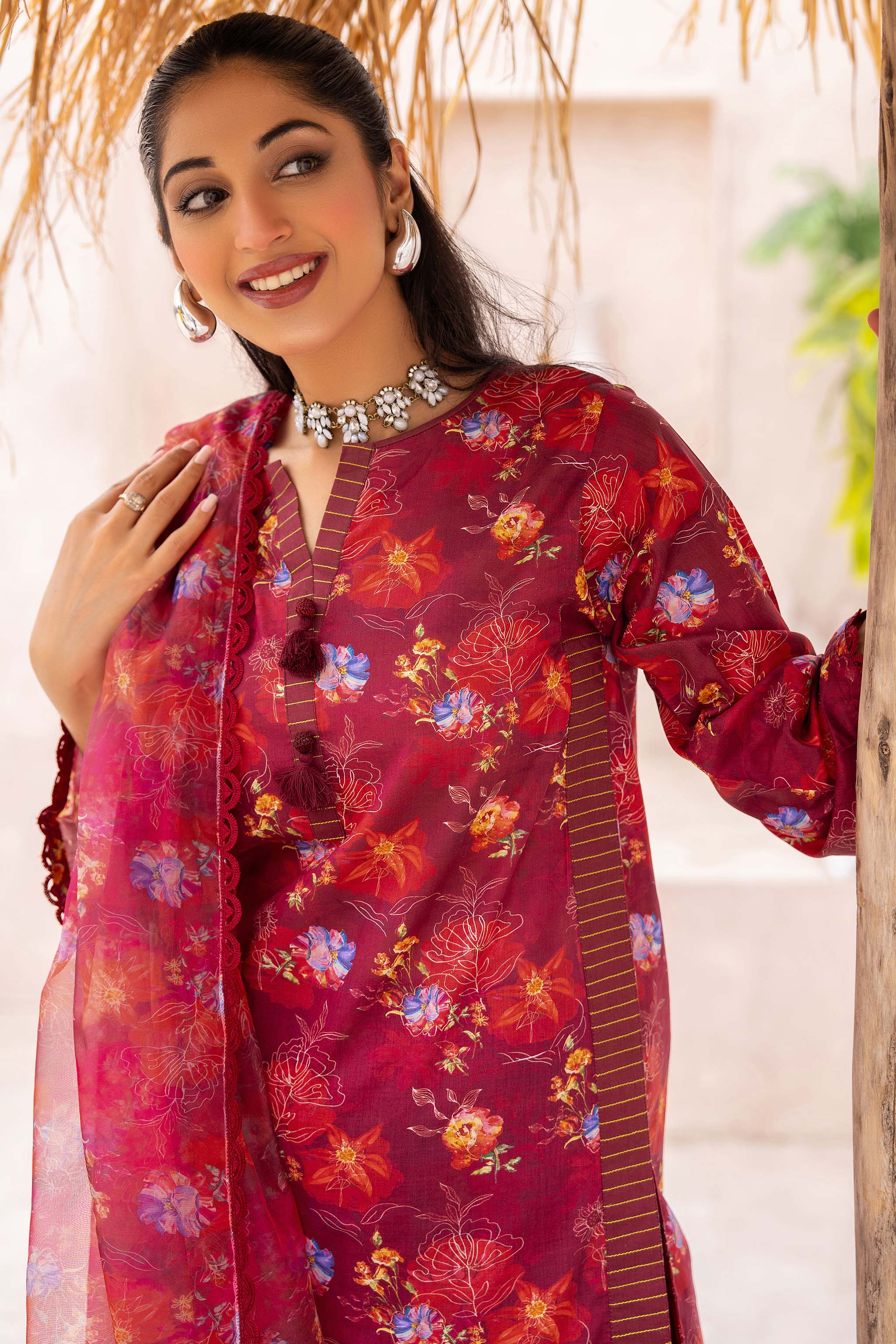 3 Piece Maroon Unstitched Printed Lawn - (Vol-73/01)3P-S-24-D-3 - SAFANOOR