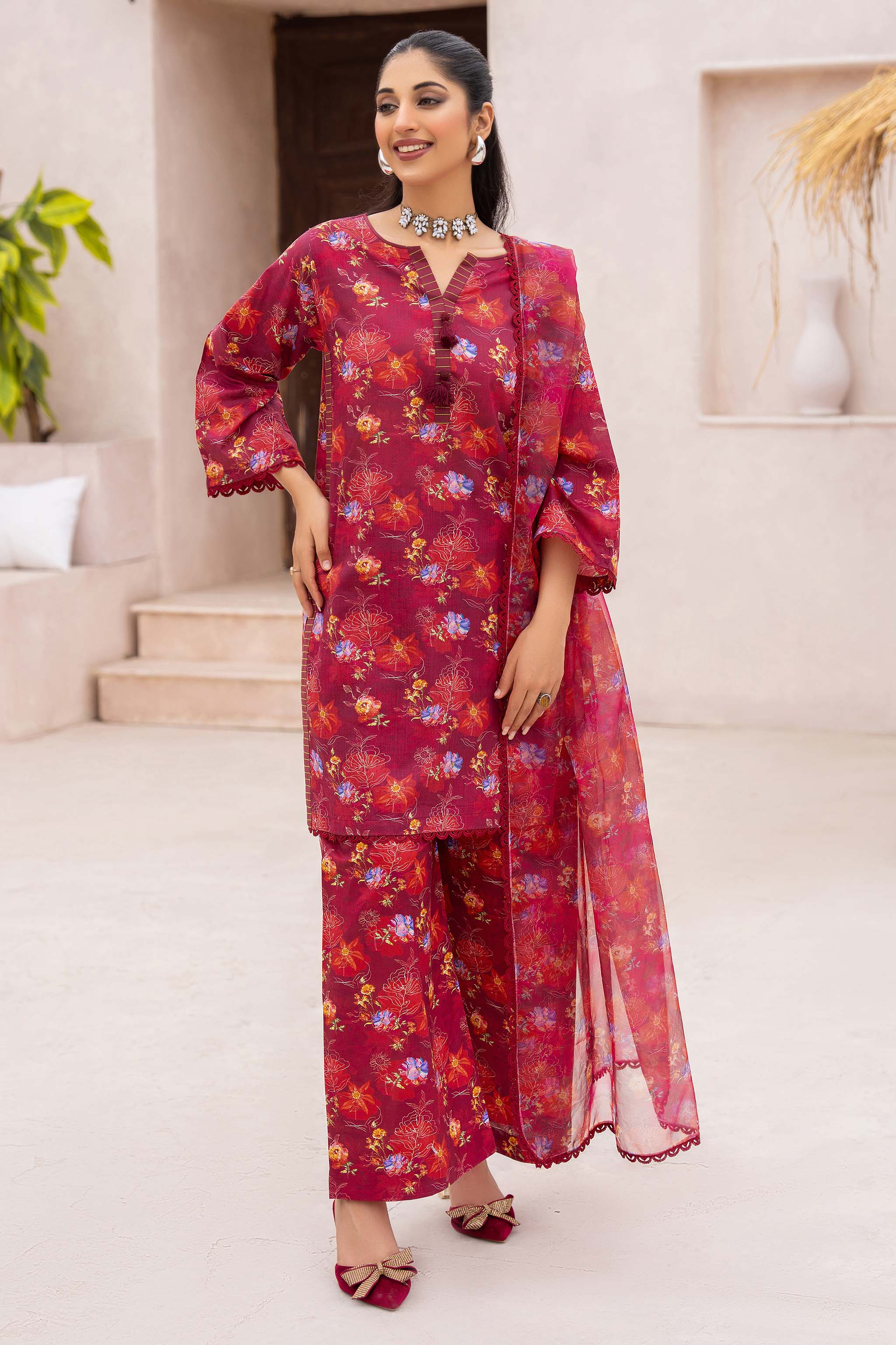 3 Piece Maroon Unstitched Printed Lawn - (Vol-73/01)3P-S-24-D-3 - SAFANOOR