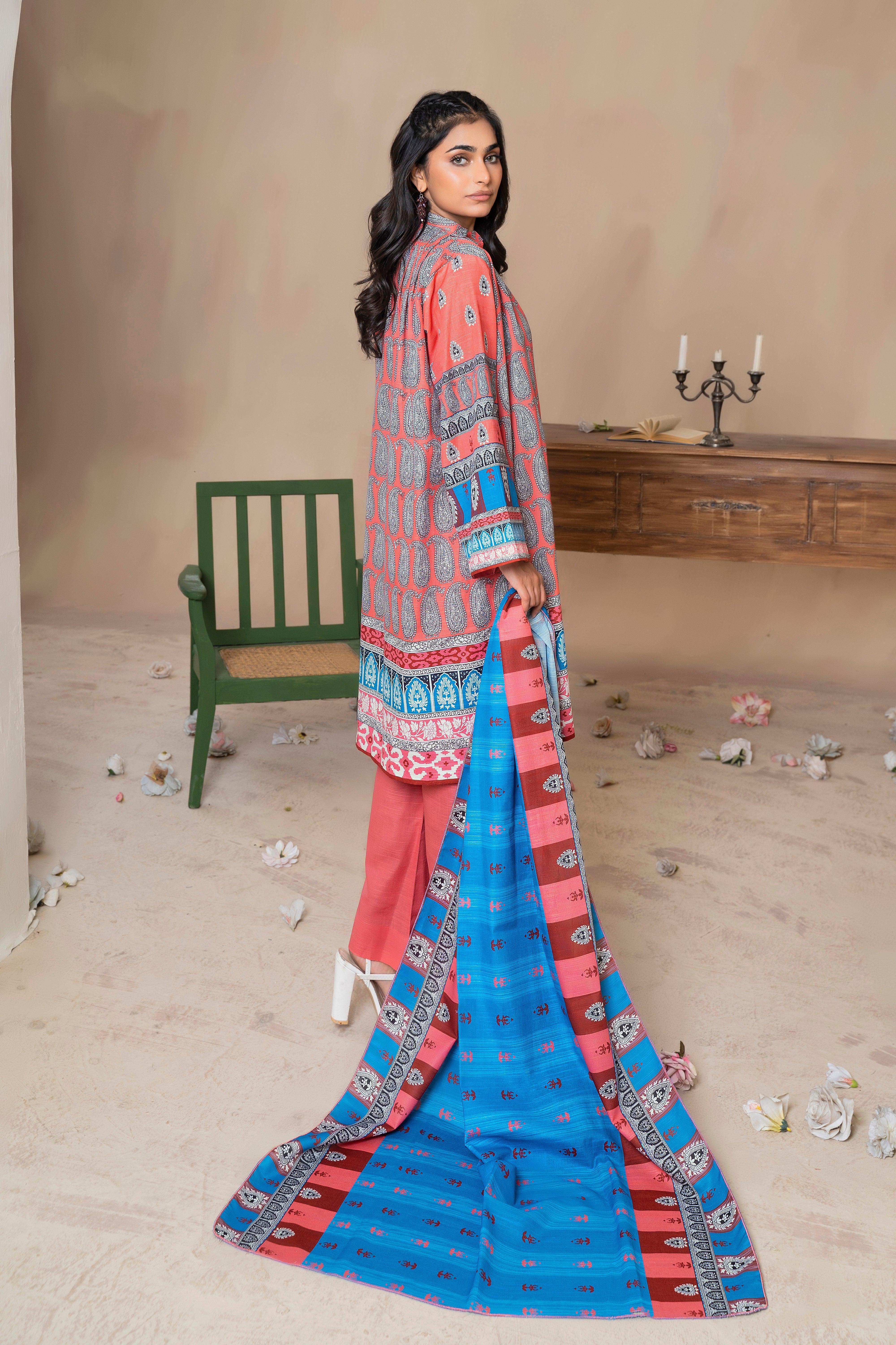 3 Piece Multi Peach Khaddar Unstitched - SafaNoor