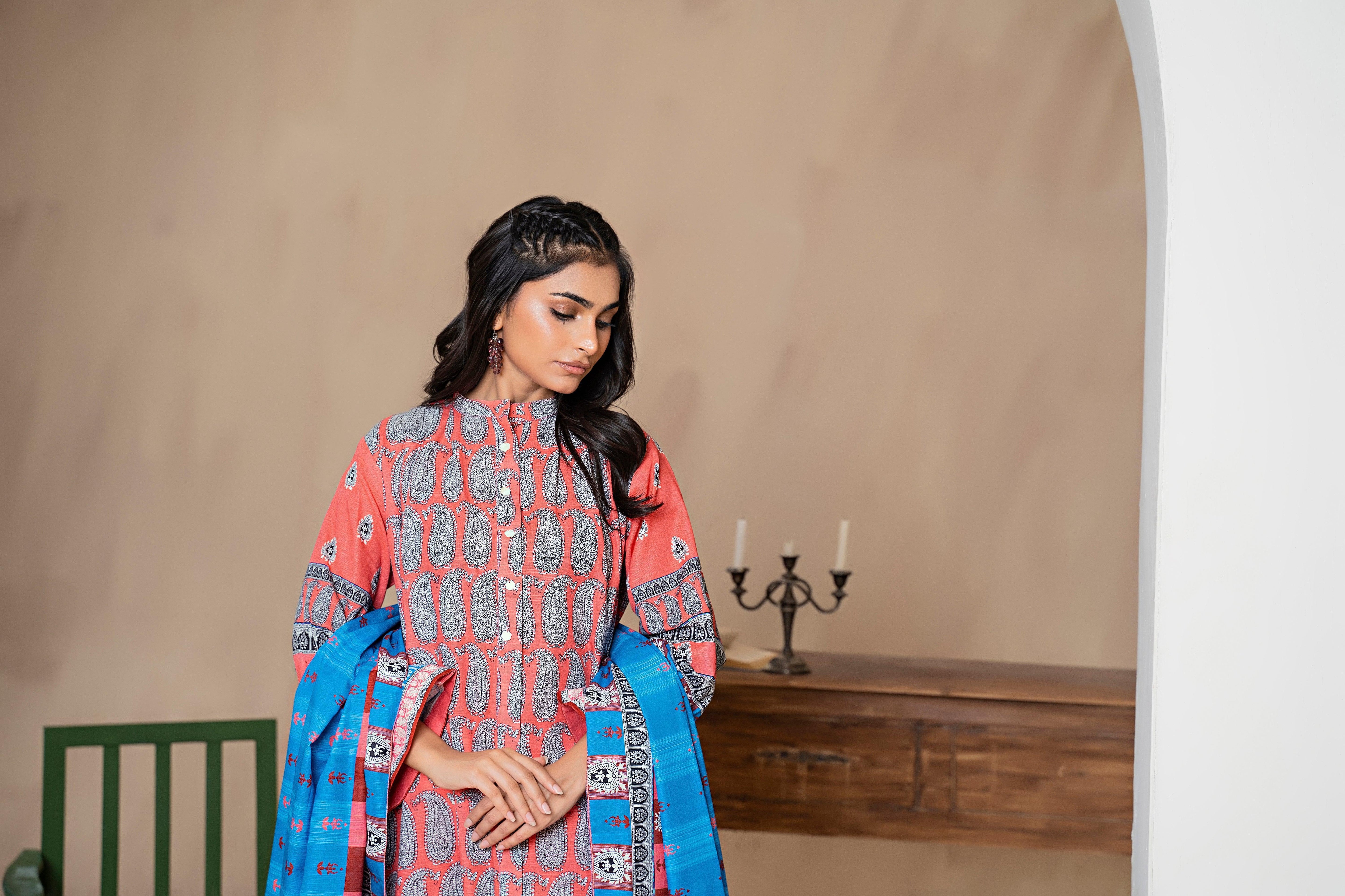 3 Piece Multi Peach Khaddar Unstitched - SafaNoor