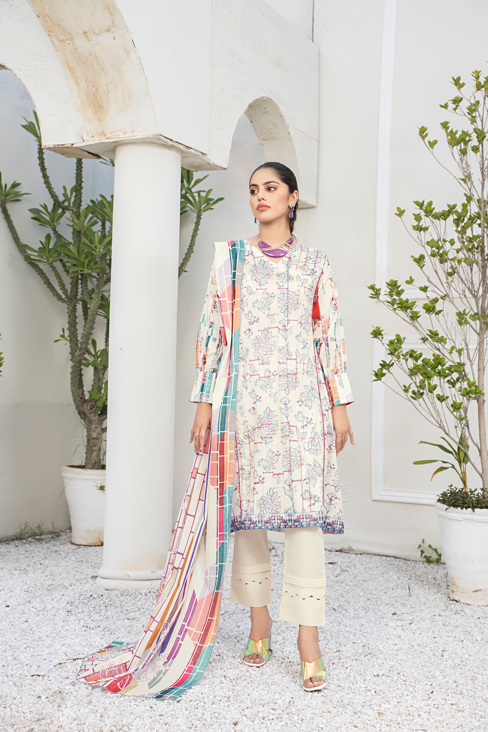 3 Piece Multi White Unstitched Embroidered Lawn - (Vol-69/20)3P-S-24-D-10 - SAFANOOR